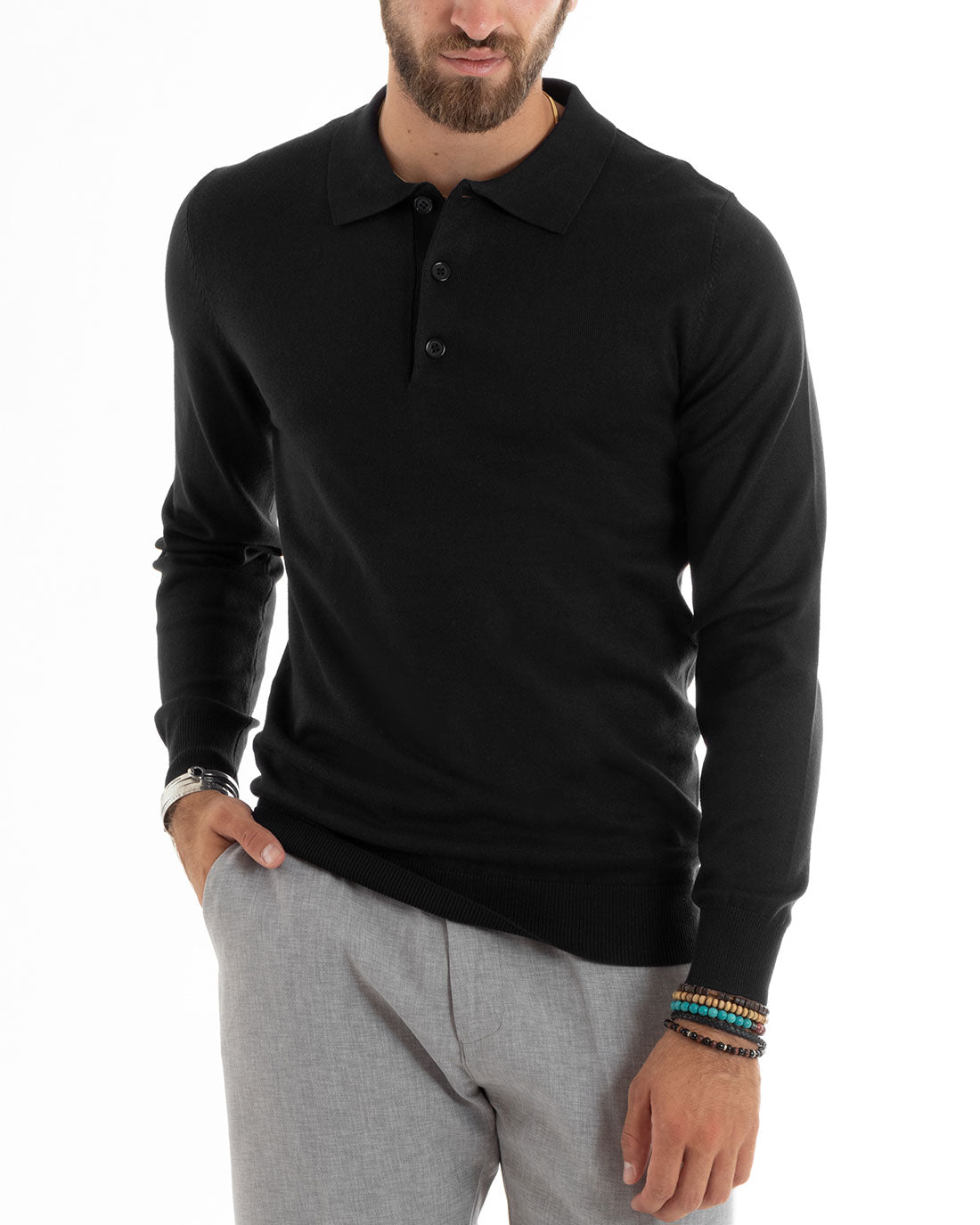 Maglioncino Uomo Polo Basic Casual Maglia Con Colletto Filo Cotone Tinta Unita Nero GIOSAL-M2983A