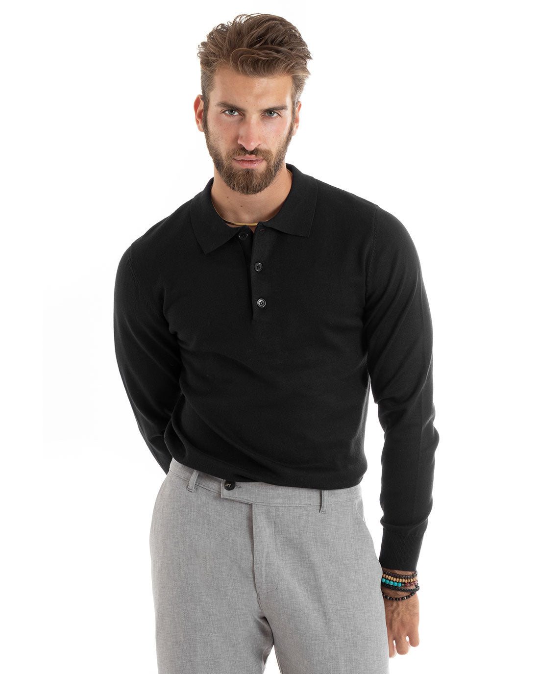Maglioncino Uomo Polo Basic Casual Maglia Con Colletto Filo Cotone Tinta Unita Nero GIOSAL-M2983A