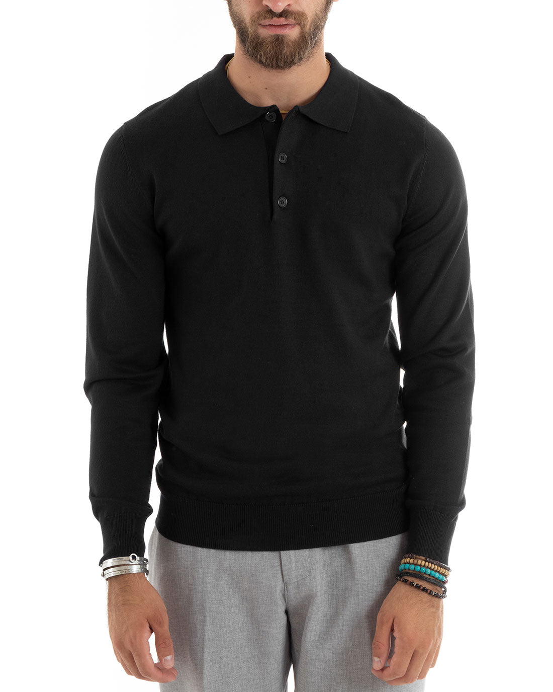 Maglioncino Uomo Polo Basic Casual Maglia Con Colletto Filo Cotone Tinta Unita Nero GIOSAL-M2983A