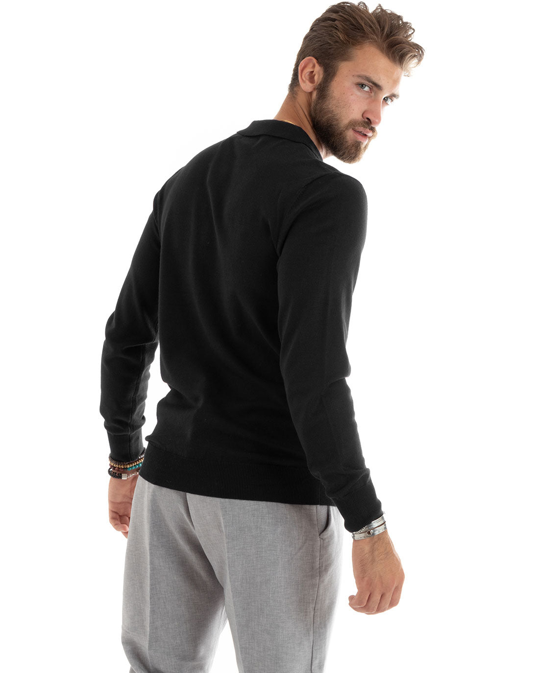 Maglioncino Uomo Polo Basic Casual Maglia Con Colletto Filo Cotone Tinta Unita Nero GIOSAL-M2983A