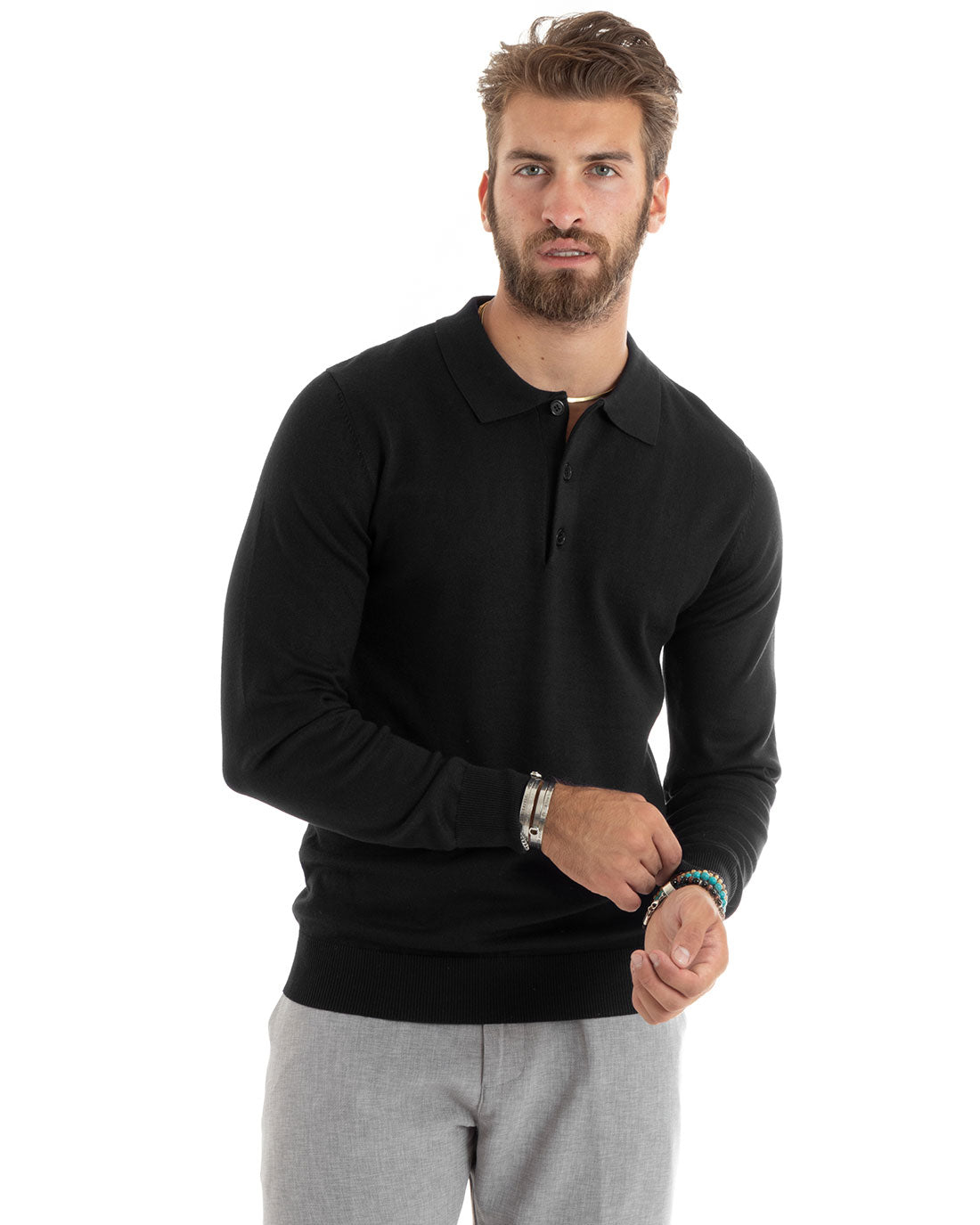 Maglioncino Uomo Polo Basic Casual Maglia Con Colletto Filo Cotone Tinta Unita Nero GIOSAL-M2983A
