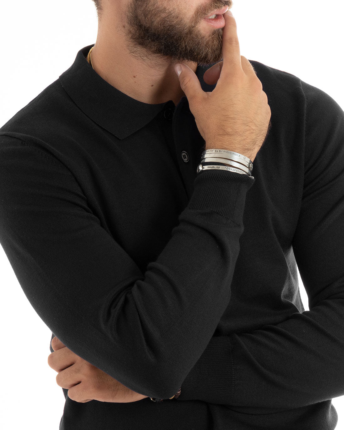 Maglioncino Uomo Polo Basic Casual Maglia Con Colletto Filo Cotone Tinta Unita Nero GIOSAL-M2983A