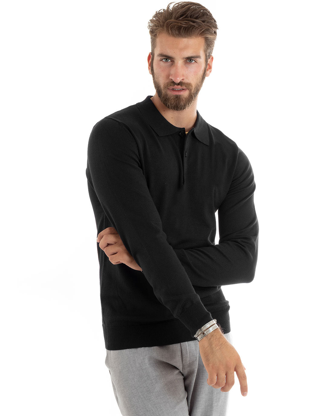 Maglioncino Uomo Polo Basic Casual Maglia Con Colletto Filo Cotone Tinta Unita Nero GIOSAL-M2983A