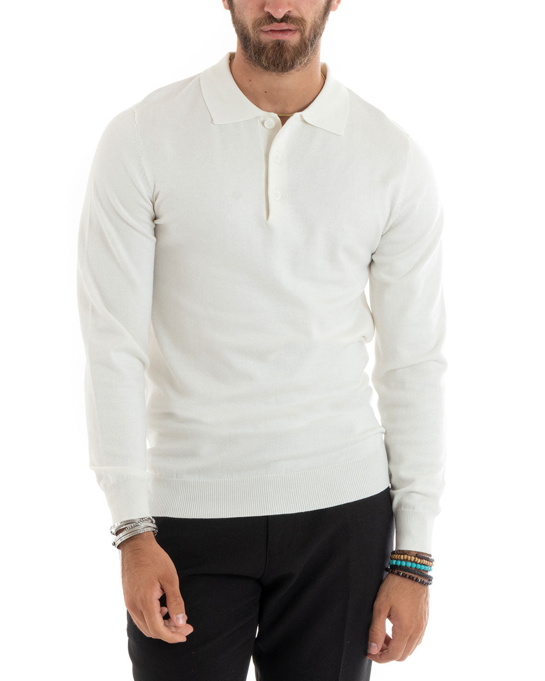 Maglioncino Uomo Polo Basic Casual Maglia Con Colletto Filo Cotone Tinta Unita Bianco GIOSAL-M2984A