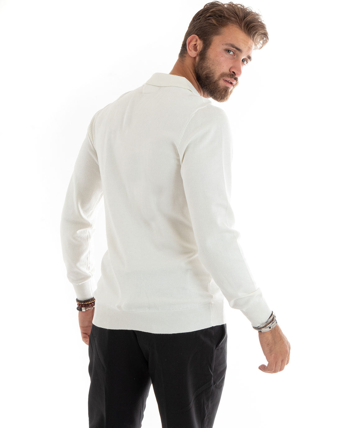 Maglioncino Uomo Polo Basic Casual Maglia Con Colletto Filo Cotone Tinta Unita Bianco GIOSAL-M2984A