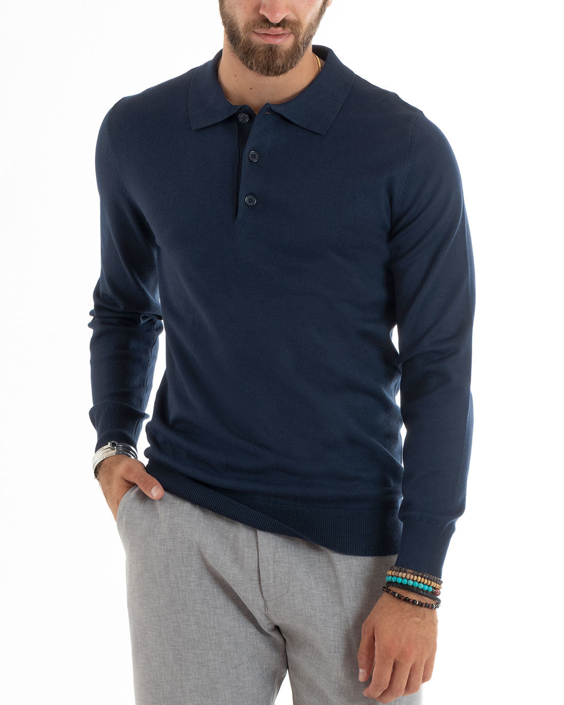 Maglioncino Uomo Polo Basic Casual Maglia Con Colletto Filo Cotone Tinta Unita Blu GIOSAL-M2985A