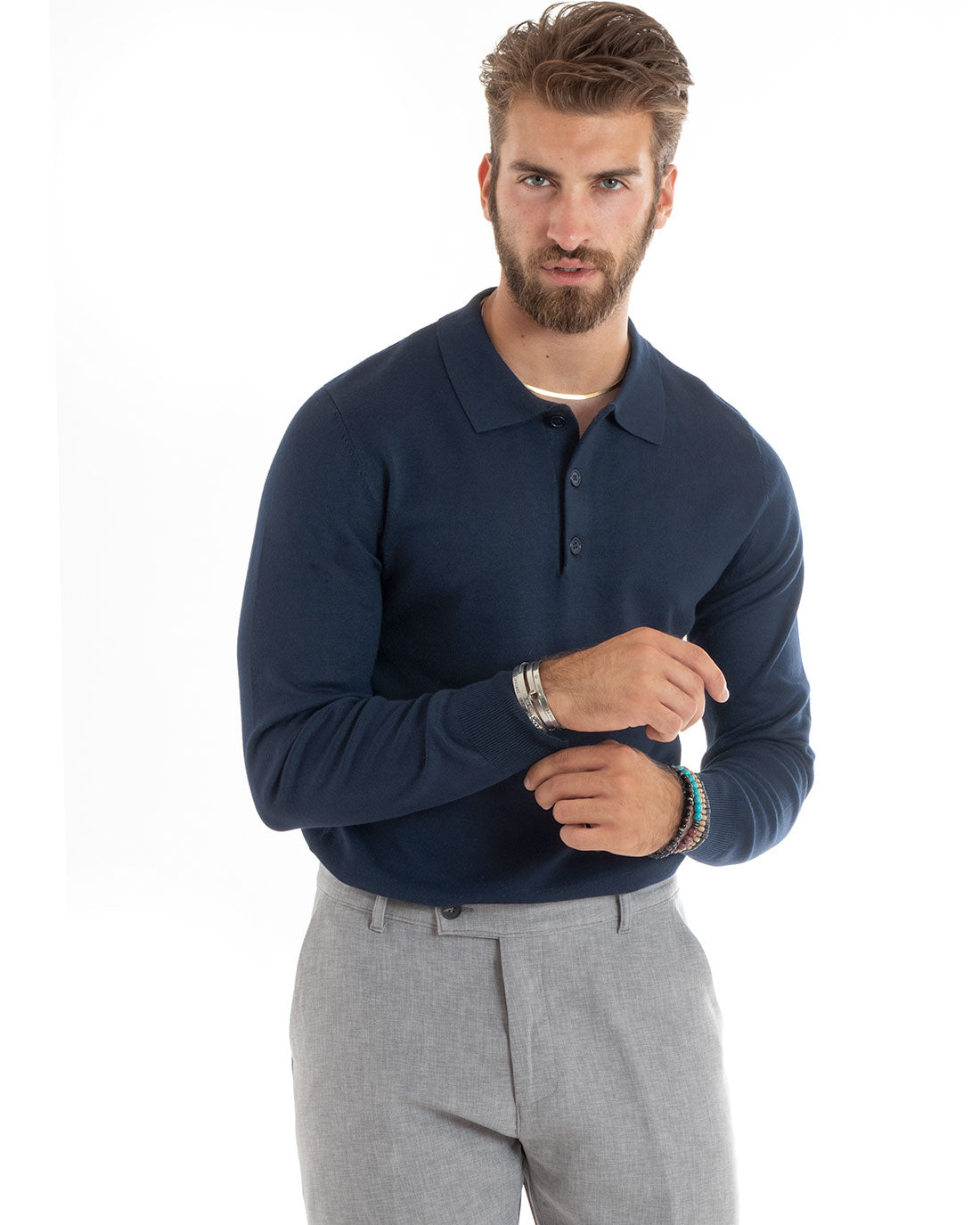 Maglioncino Uomo Polo Basic Casual Maglia Con Colletto Filo Cotone Tinta Unita Blu GIOSAL-M2985A