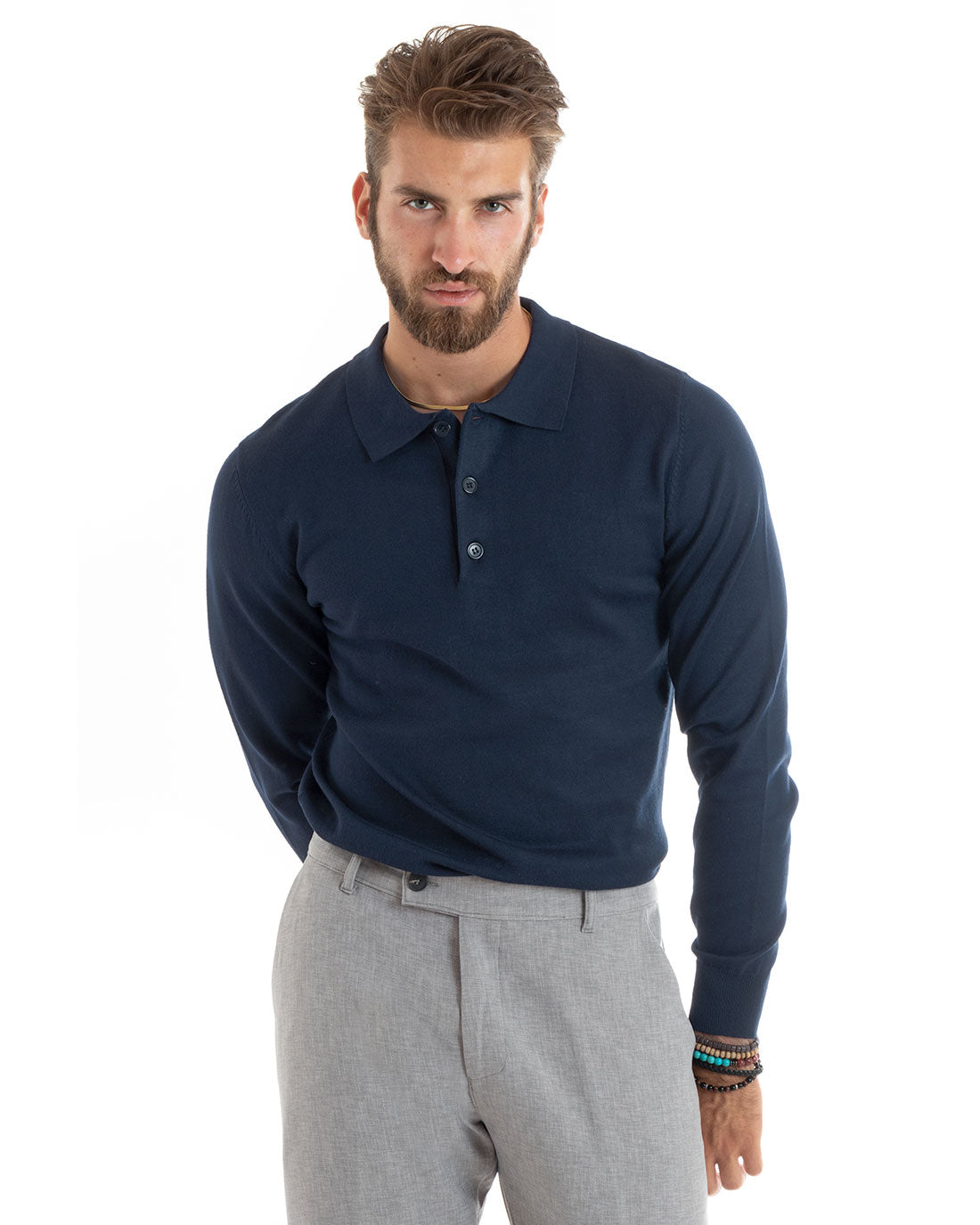 Maglioncino Uomo Polo Basic Casual Maglia Con Colletto Filo Cotone Tinta Unita Blu GIOSAL-M2985A