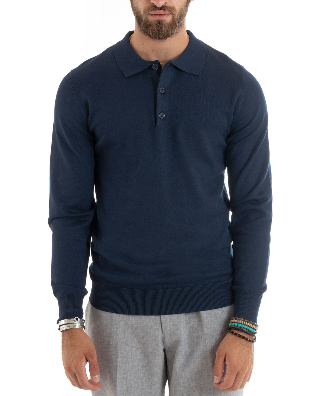 Maglioncino Uomo Polo Basic Casual Maglia Con Colletto Filo Cotone Tinta Unita Blu GIOSAL-M2985A