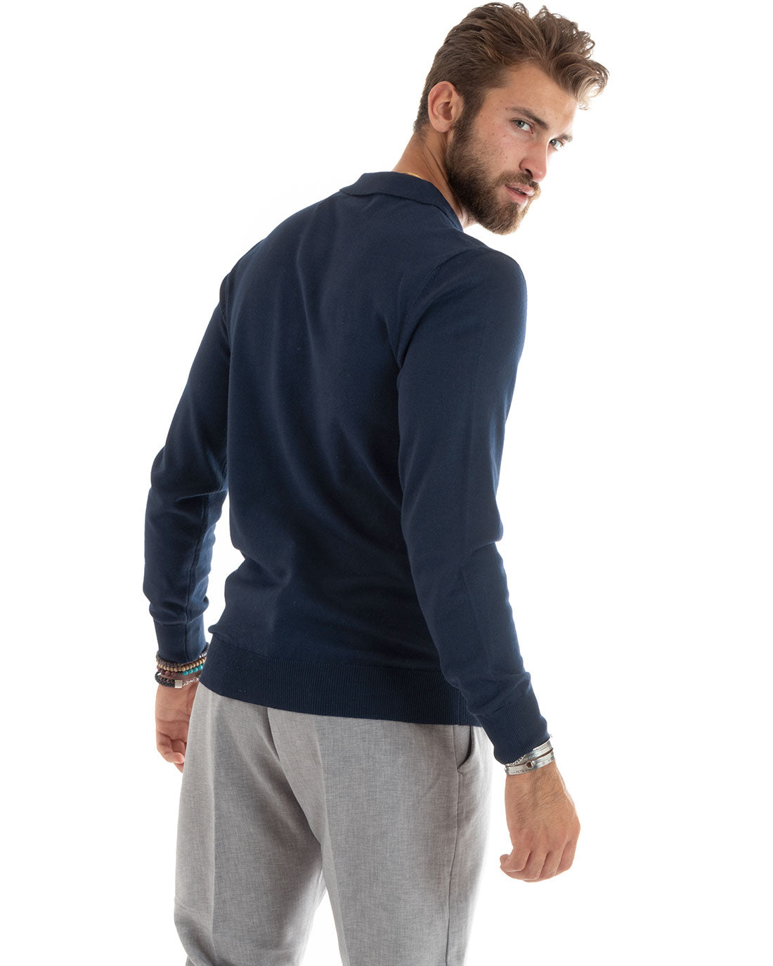 Maglioncino Uomo Polo Basic Casual Maglia Con Colletto Filo Cotone Tinta Unita Blu GIOSAL-M2985A