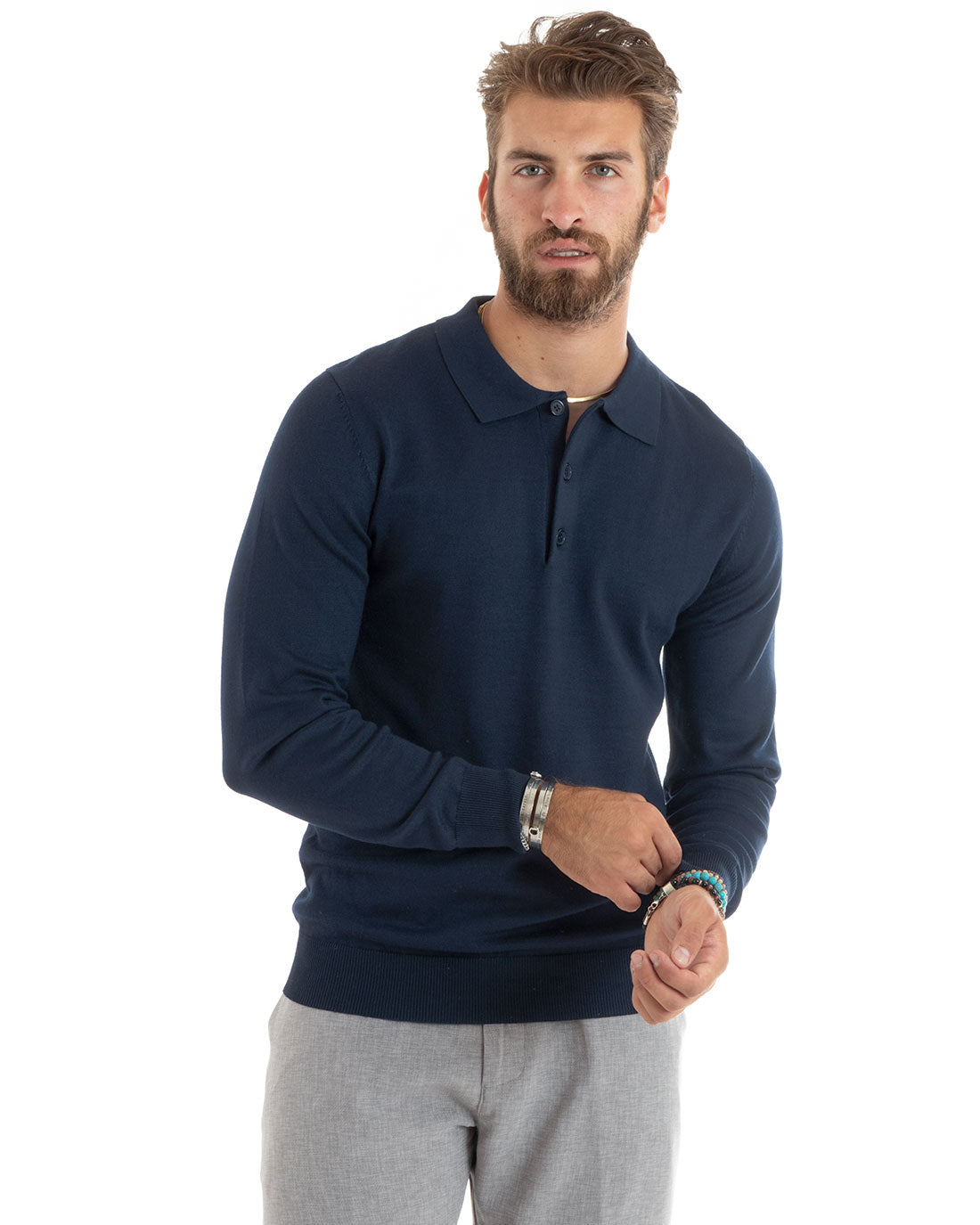Maglioncino Uomo Polo Basic Casual Maglia Con Colletto Filo Cotone Tinta Unita Blu GIOSAL-M2985A