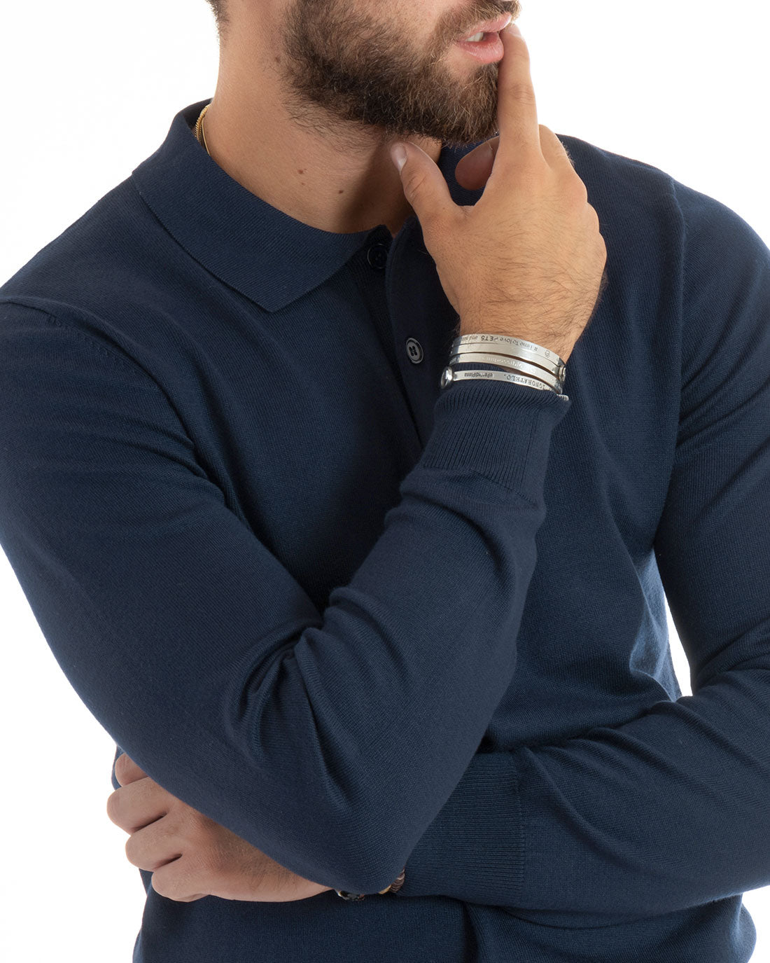 Maglioncino Uomo Polo Basic Casual Maglia Con Colletto Filo Cotone Tinta Unita Blu GIOSAL-M2985A