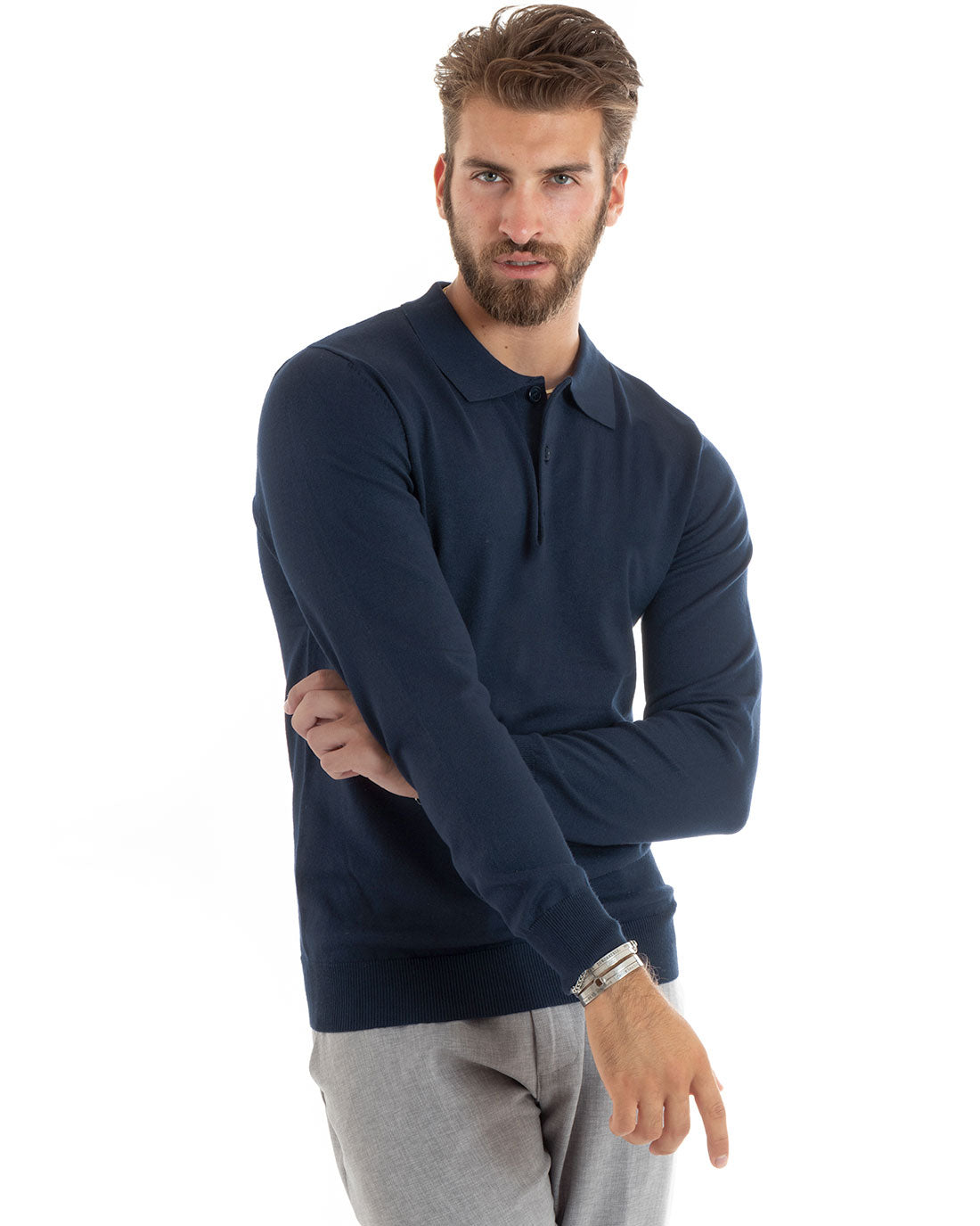 Maglioncino Uomo Polo Basic Casual Maglia Con Colletto Filo Cotone Tinta Unita Blu GIOSAL-M2985A