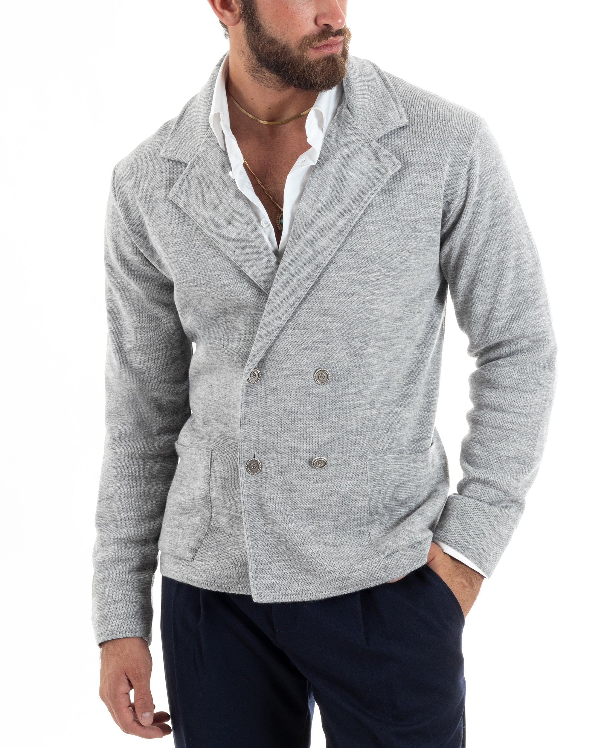 Cardigan Uomo Doppiopetto Giacca Con Bottoni In Metallo Maglia Lavorat