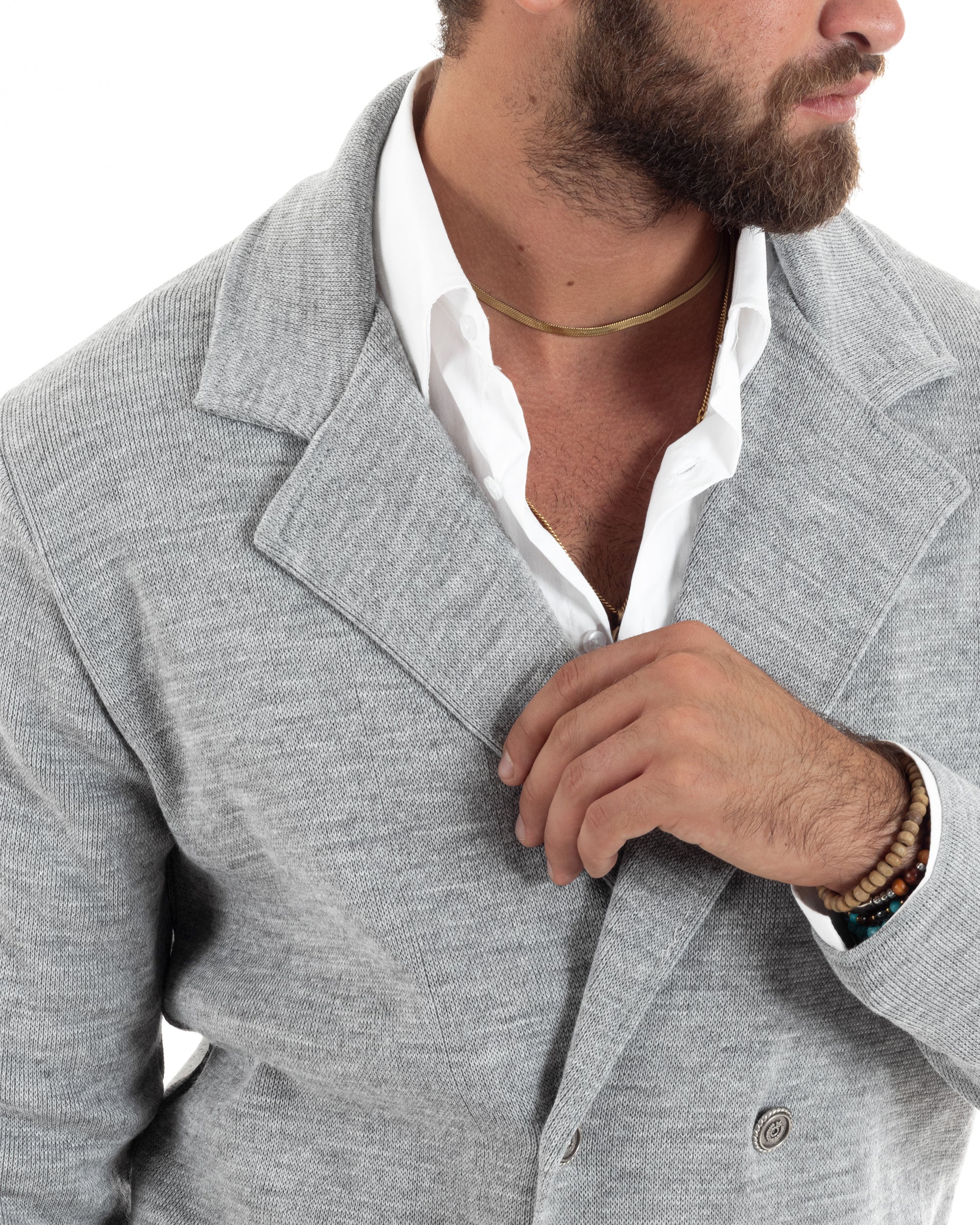 Cardigan Uomo Doppiopetto Giacca Con Bottoni In Metallo Maglia Lavorata Links Maglioncino Cotone Casual Grigio GIOSAL-M2986A