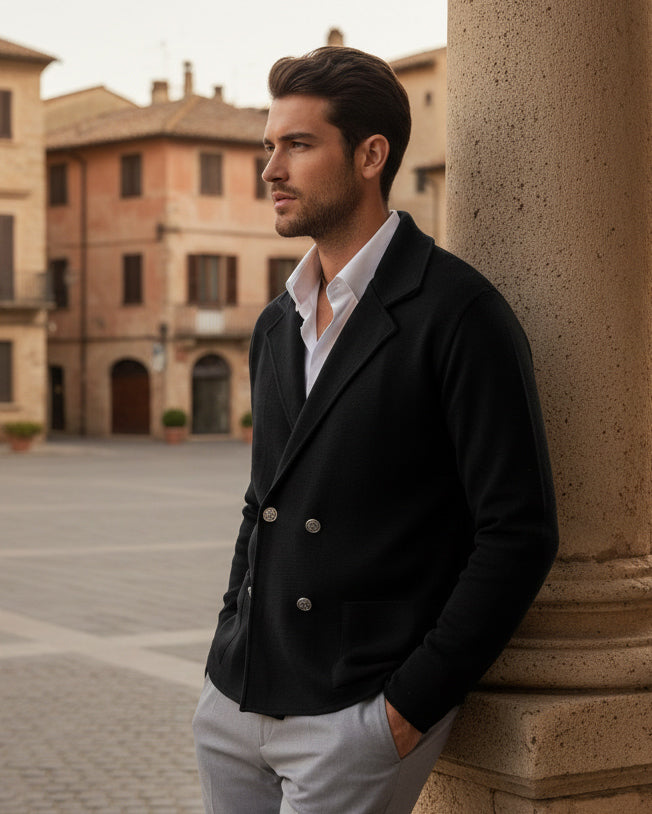 Men's Cardigan Double Breasted Jacket With Metal Buttons Knitted Links Casual Sweater Blue GIOSAL-M2892A