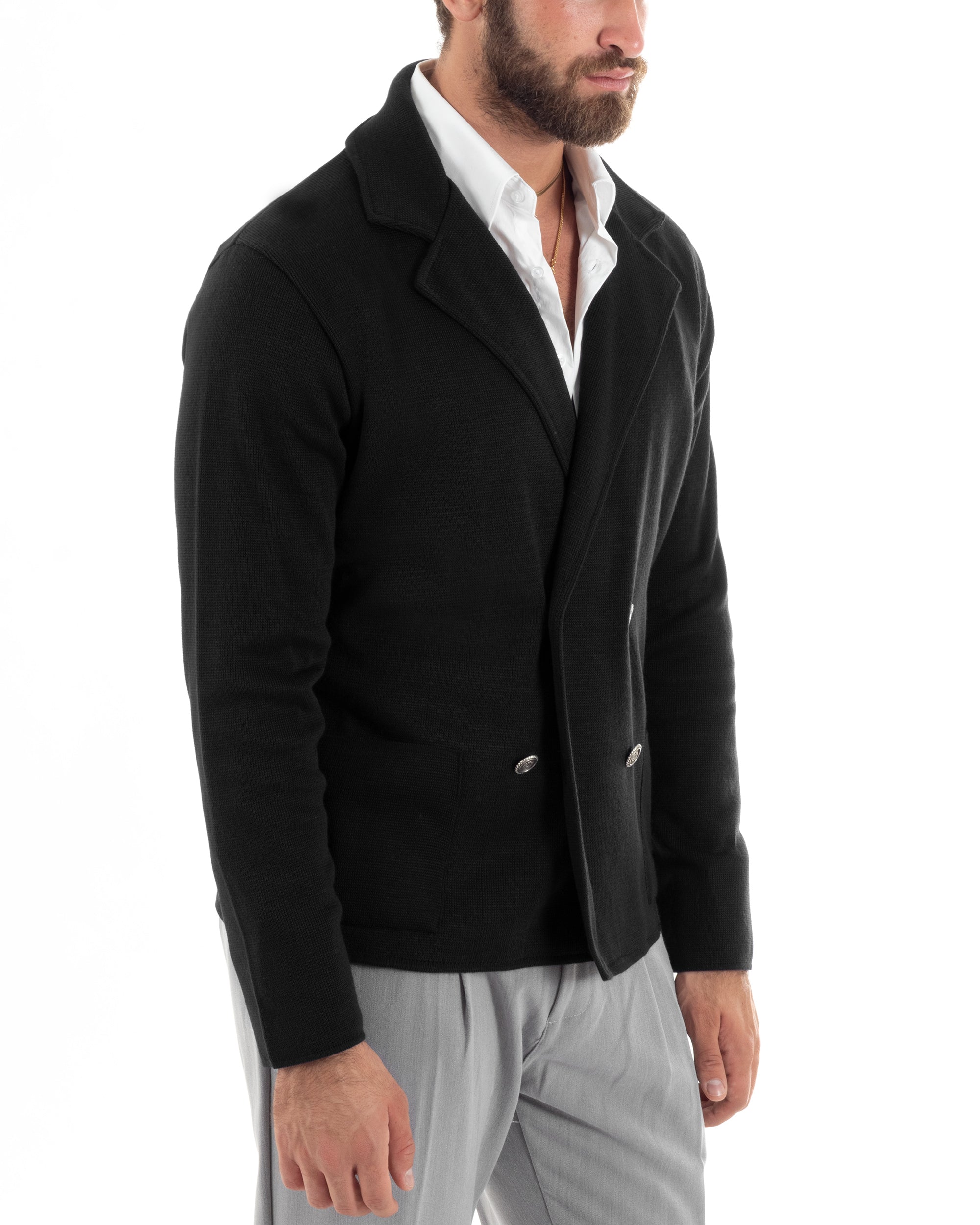 Cardigan Uomo Doppiopetto Giacca Con Bottoni In Metallo Maglia Lavorata Links Maglioncino Cotone Casual Nero GIOSAL-M2987A
