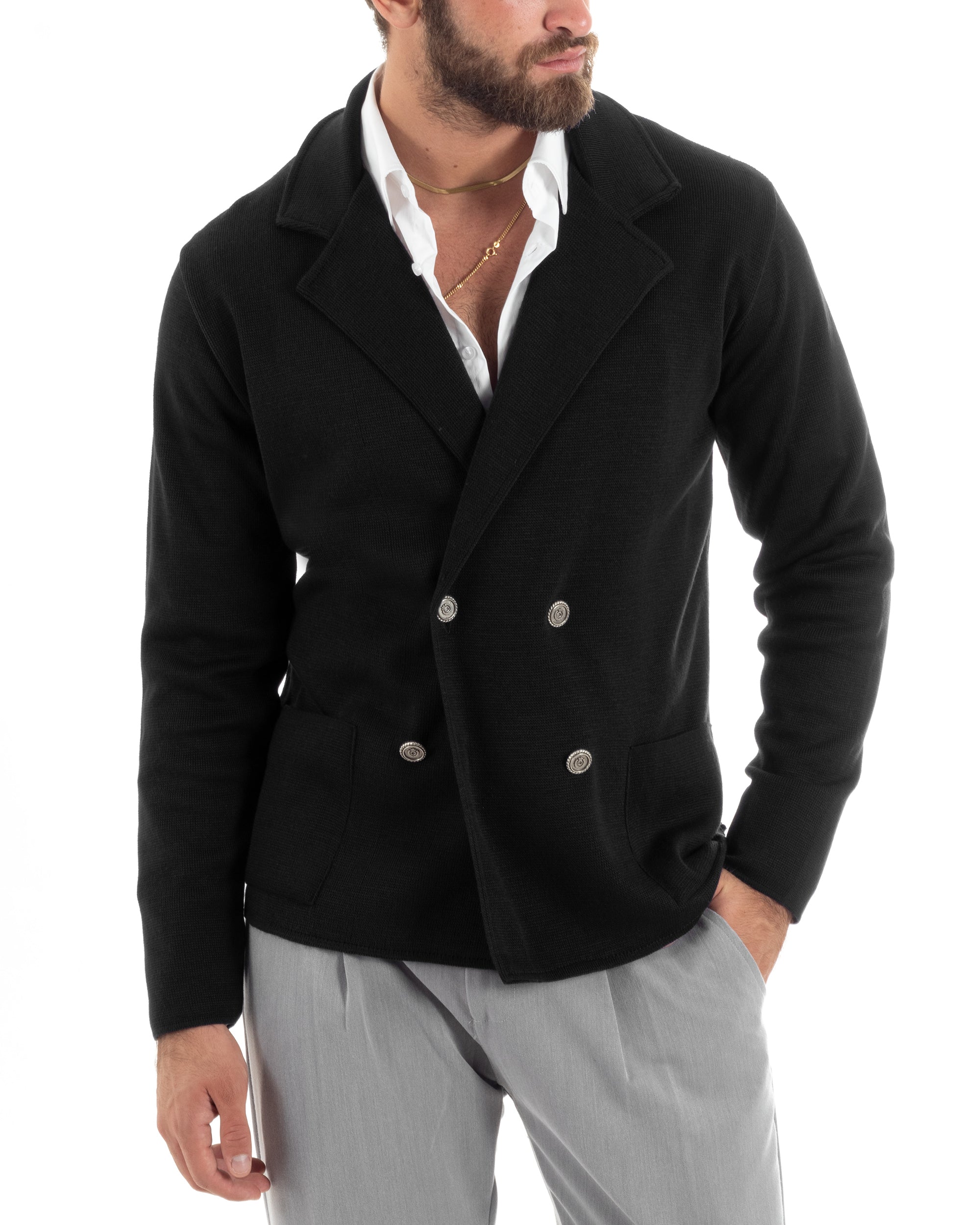 Cardigan Uomo Doppiopetto Giacca Con Bottoni In Metallo Maglia Lavorata Links Maglioncino Cotone Casual Nero GIOSAL-M2987A