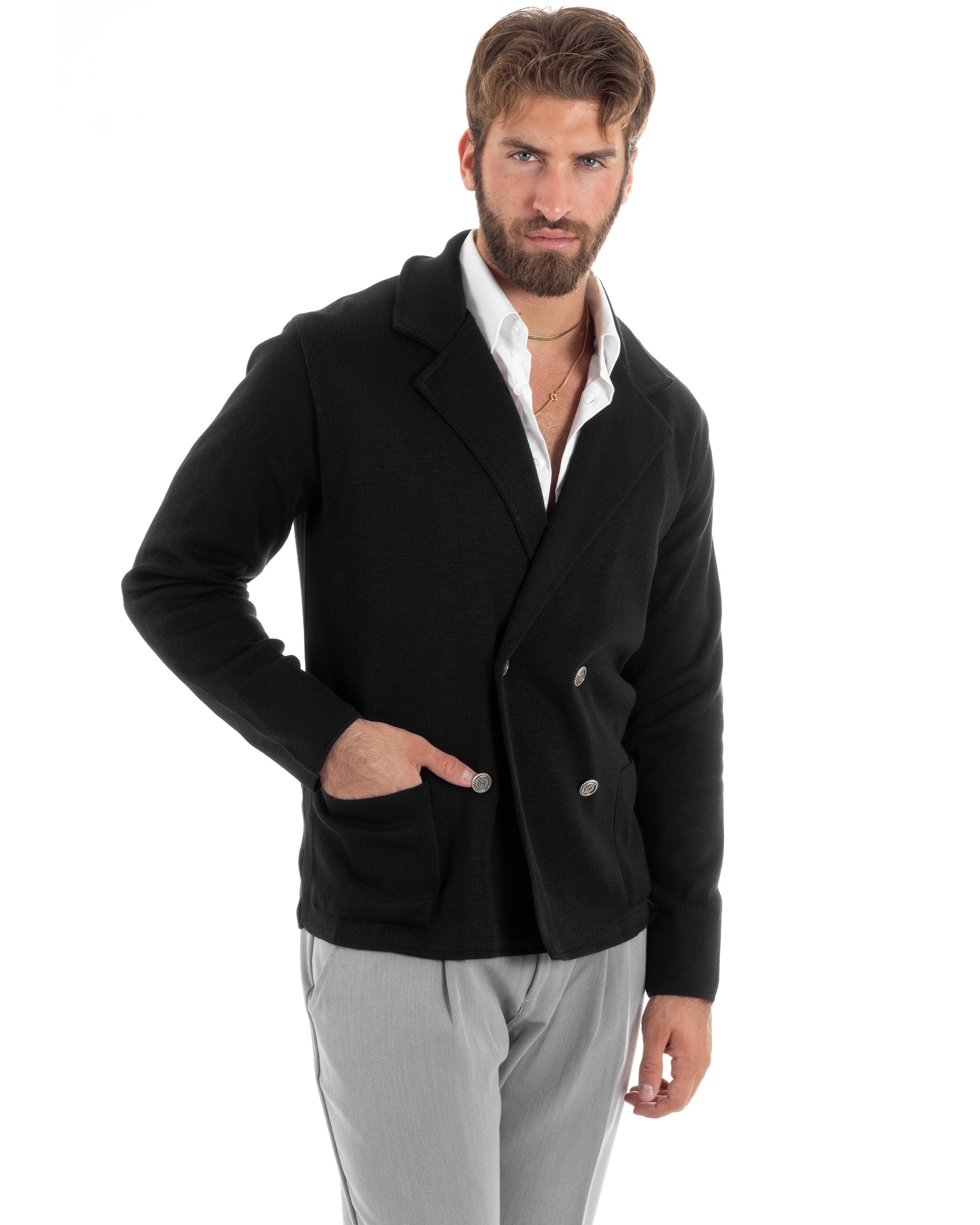 Cardigan Uomo Doppiopetto Giacca Con Bottoni In Metallo Maglia Lavorata Links Maglioncino Cotone Casual Nero GIOSAL-M2987A