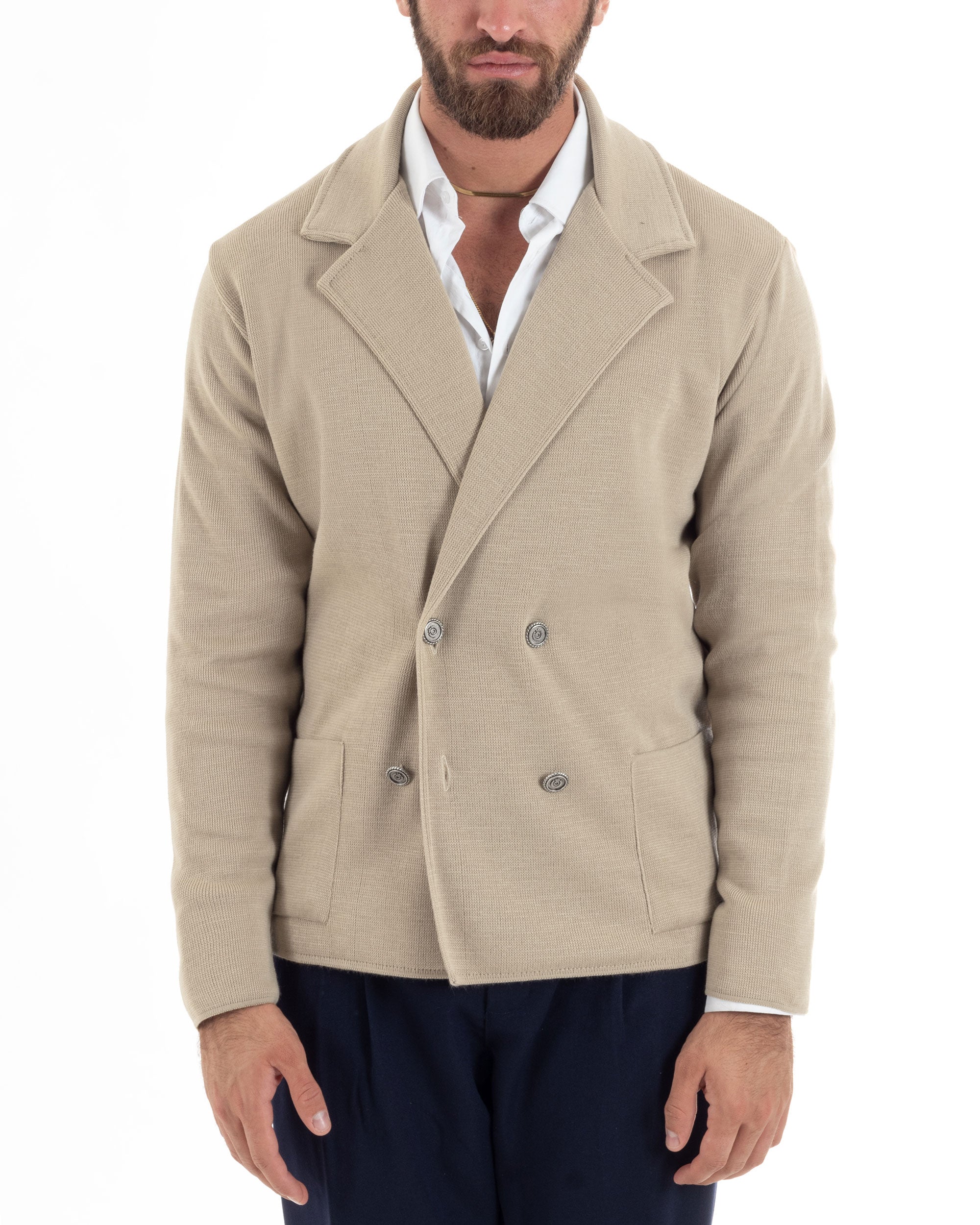 Cardigan Uomo Doppiopetto Giacca Con Bottoni In Metallo Maglia Lavorata Links Maglioncino Cotone Casual Beige GIOSAL-M2988A