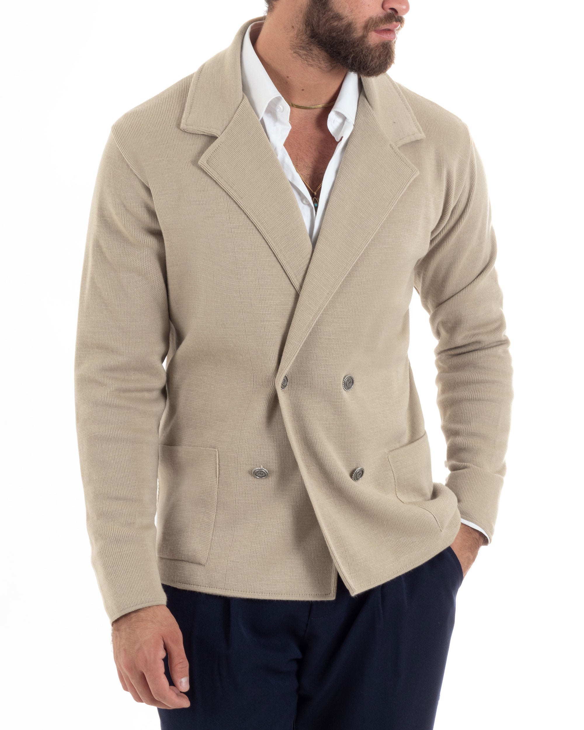 Cardigan Uomo Doppiopetto Giacca Con Bottoni In Metallo Maglia Lavorat