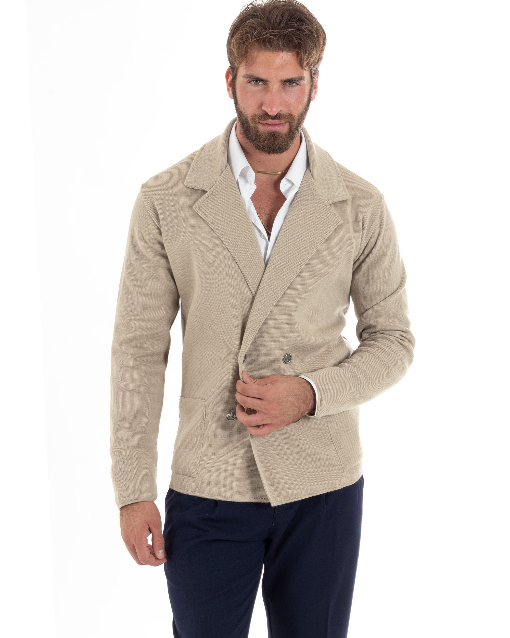Cardigan Uomo Doppiopetto Giacca Con Bottoni In Metallo Maglia Lavorata Links Maglioncino Cotone Casual Beige GIOSAL-M2988A