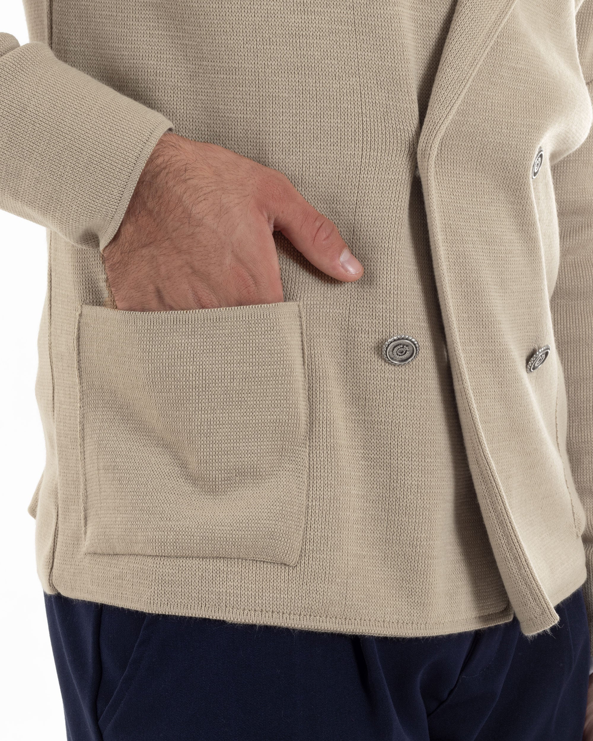 Cardigan Uomo Doppiopetto Giacca Con Bottoni In Metallo Maglia Lavorata Links Maglioncino Cotone Casual Beige GIOSAL-M2988A