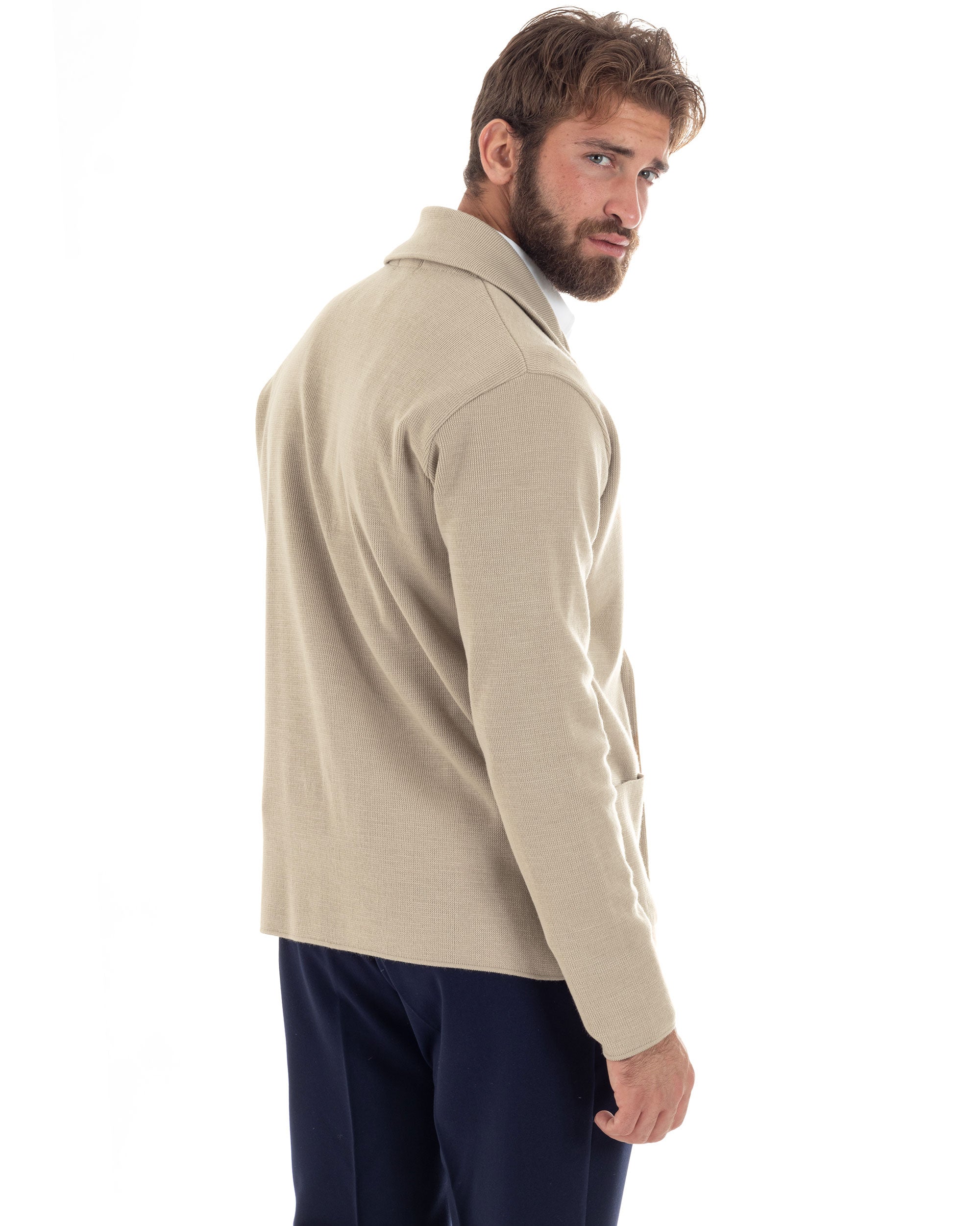 Cardigan Uomo Doppiopetto Giacca Con Bottoni In Metallo Maglia Lavorata Links Maglioncino Cotone Casual Beige GIOSAL-M2988A