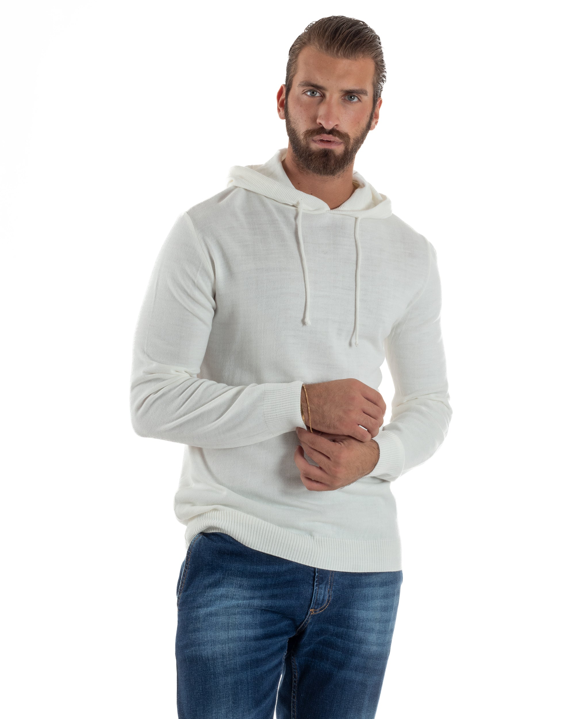 Maglioncino Uomo Maglia Con Cappuccio Felpa Basic Bianco Over-D OE1F2W5M42