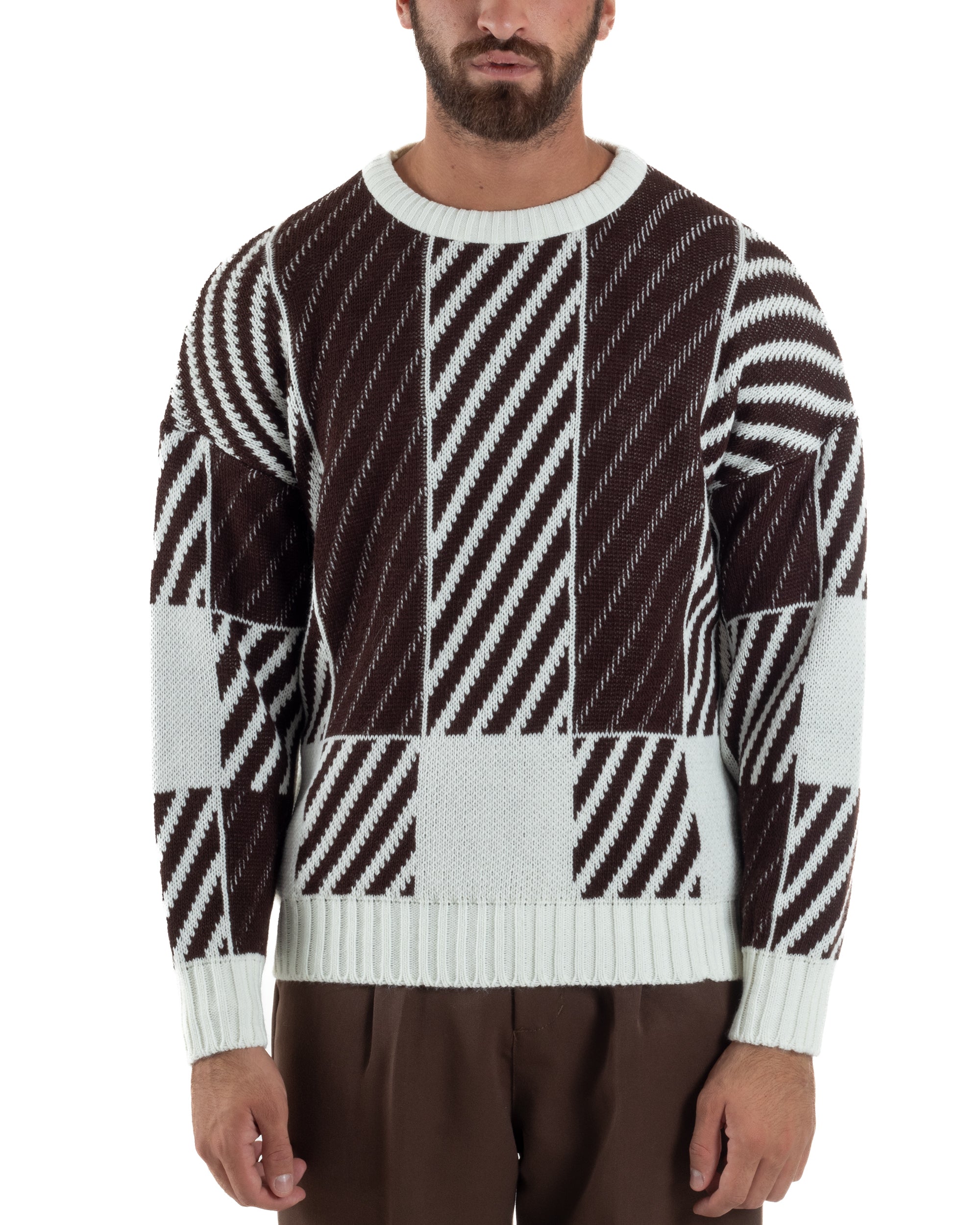 Maglia Uomo Girocollo Maglione Caldo Oversize Rigato Bicolore Marrone BlackSunday M2993A