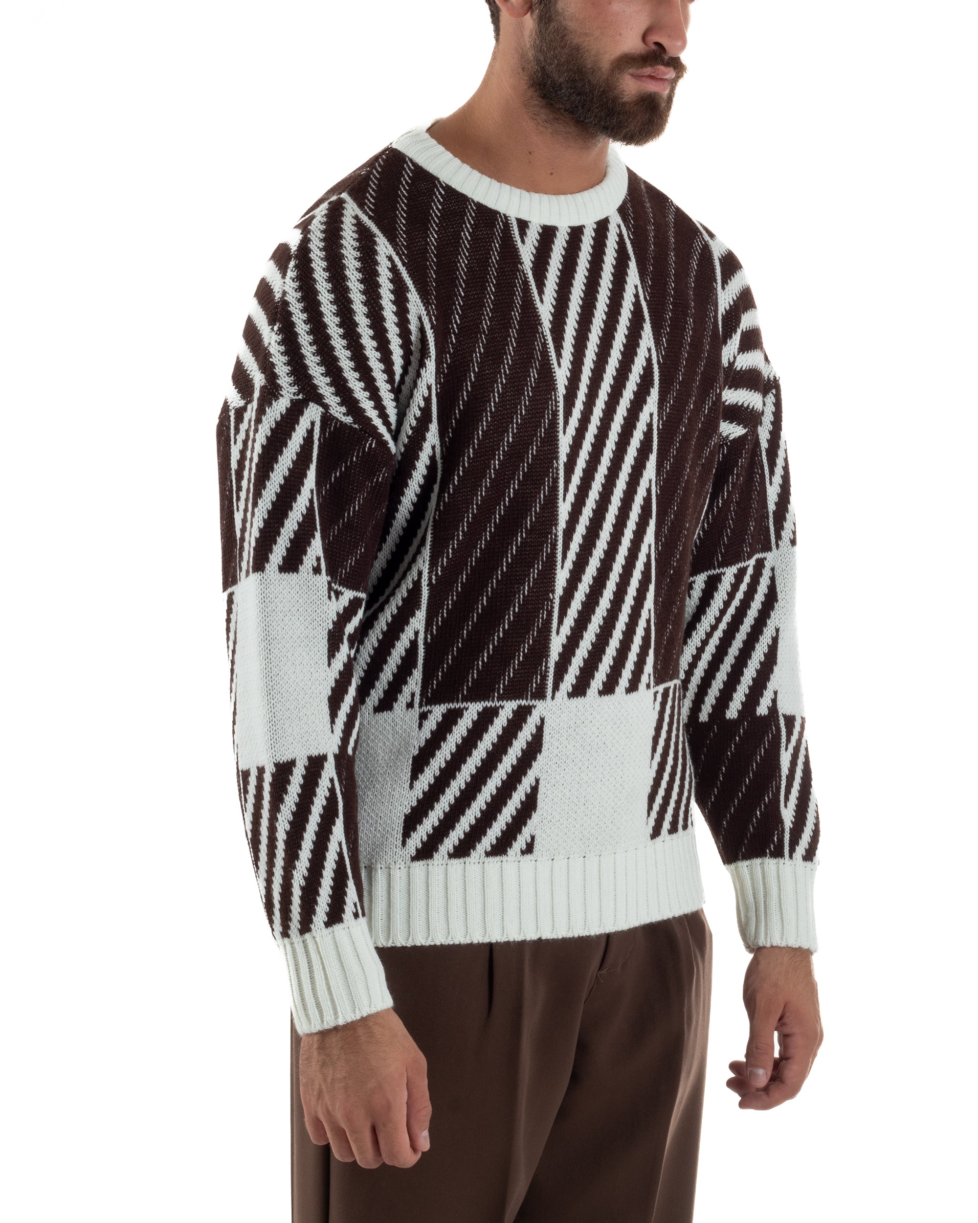 Maglia Uomo Girocollo Maglione Caldo Oversize Rigato Bicolore Marrone BlackSunday M2993A