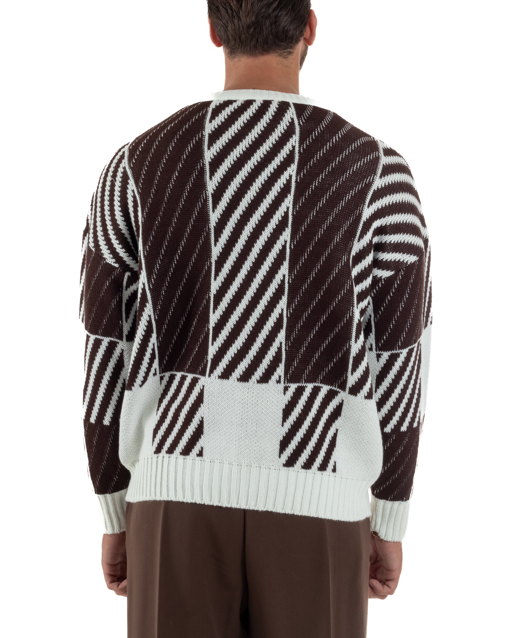 Maglia Uomo Girocollo Maglione Caldo Oversize Rigato Bicolore Marrone BlackSunday M2993A