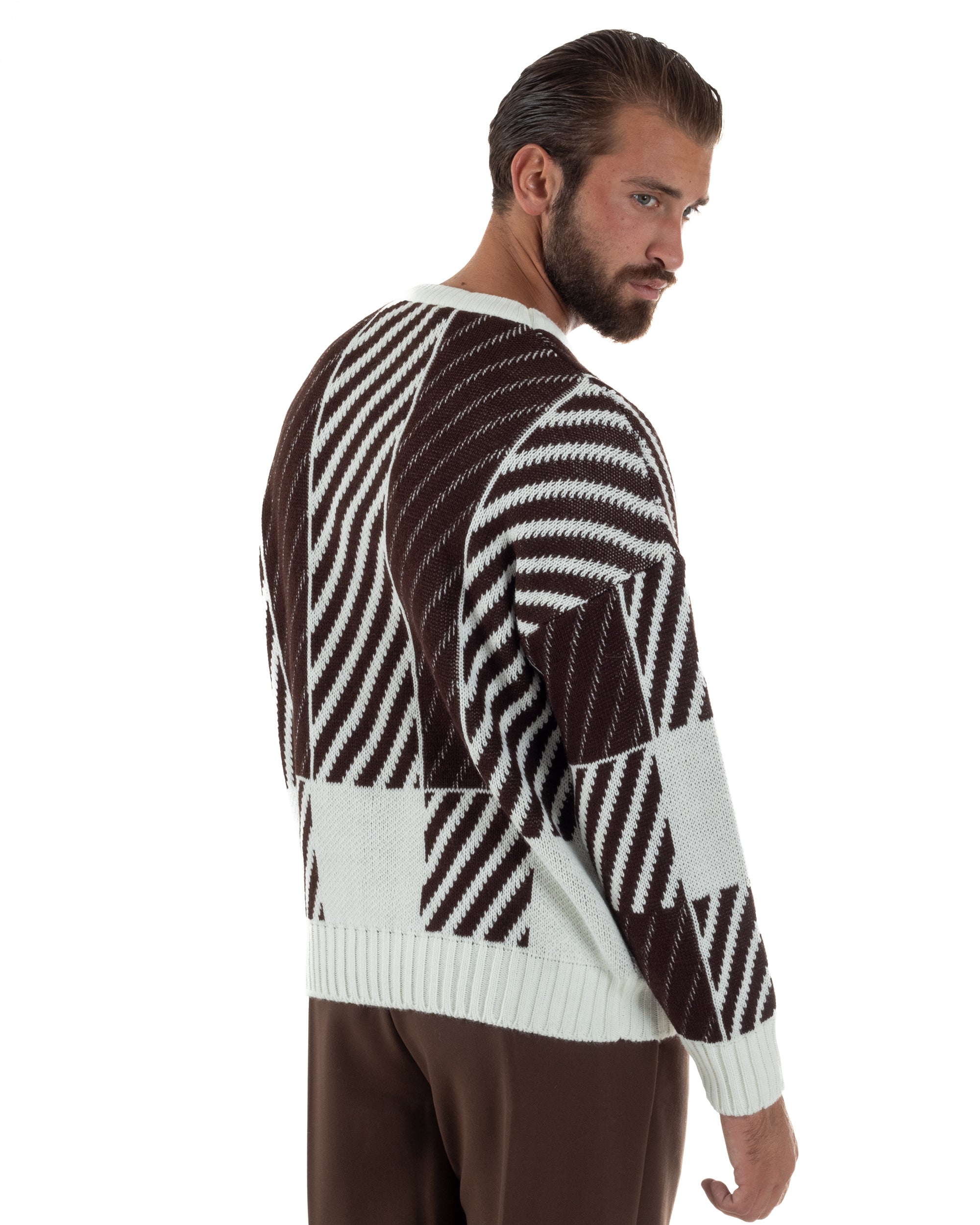 Maglia Uomo Girocollo Maglione Caldo Oversize Rigato Bicolore Marrone BlackSunday M2993A