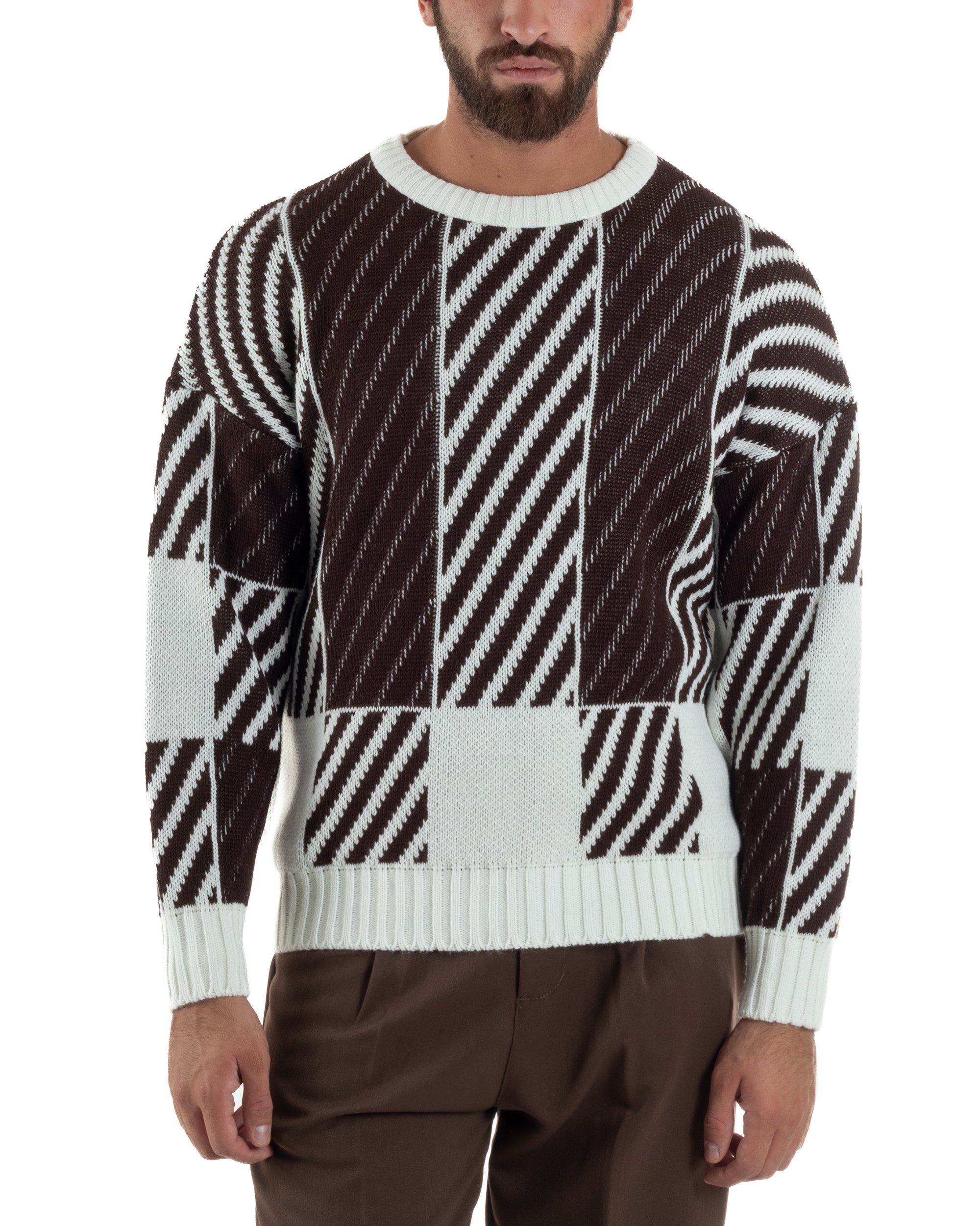 Maglia Uomo Girocollo Maglione Caldo Oversize Rigato Bicolore Marrone BlackSunday M2993A