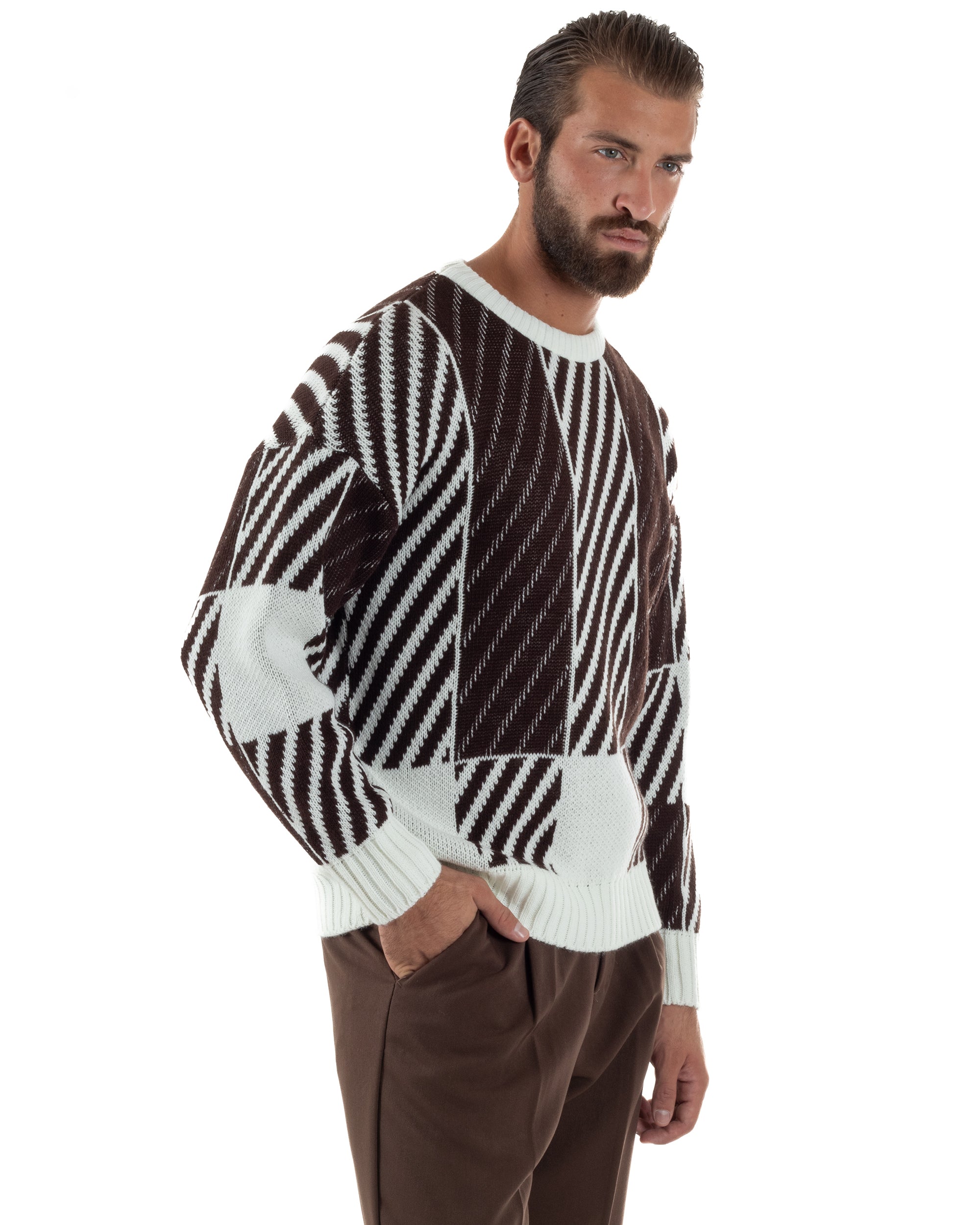 Maglia Uomo Girocollo Maglione Caldo Oversize Rigato Bicolore Marrone BlackSunday M2993A