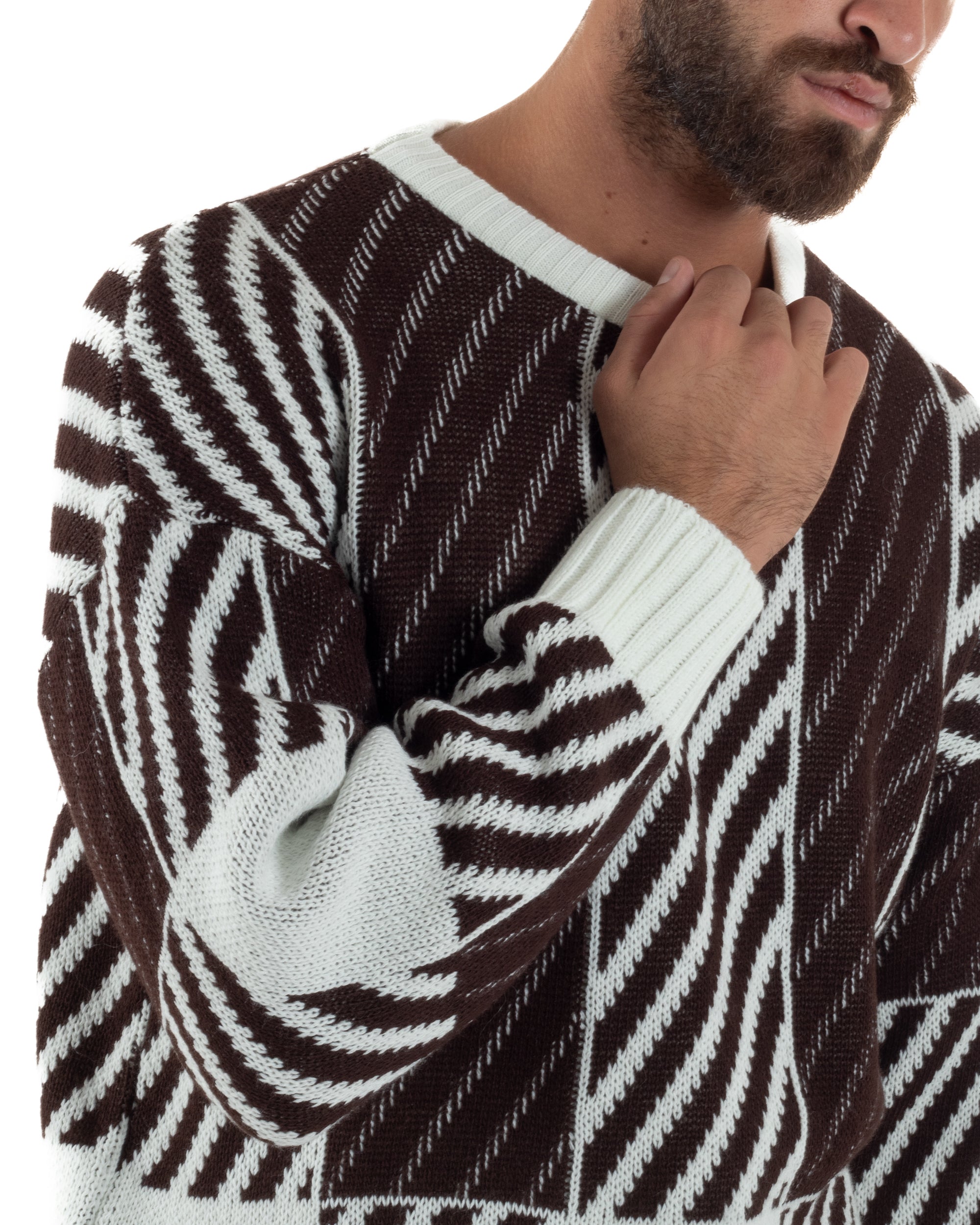 Maglia Uomo Girocollo Maglione Caldo Oversize Rigato Bicolore Marrone BlackSunday M2993A