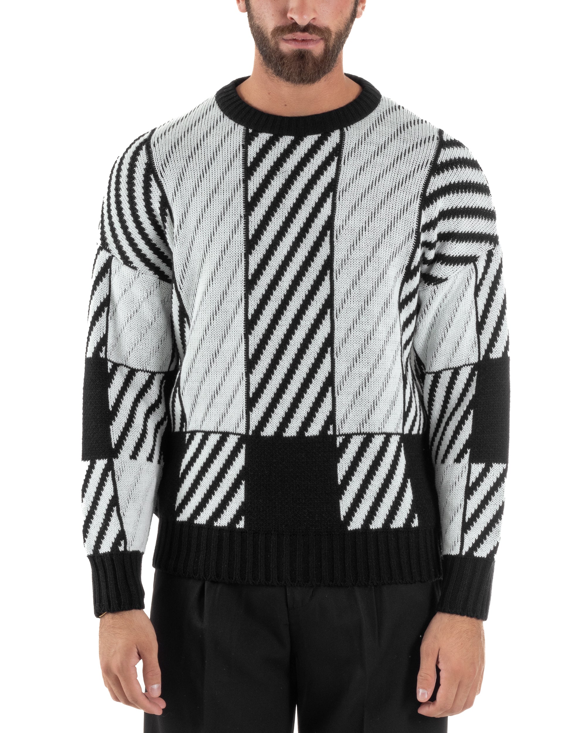 Maglia Uomo Girocollo Maglione Caldo Oversize Rigato Bicolore Nero BlackSunday M2994A