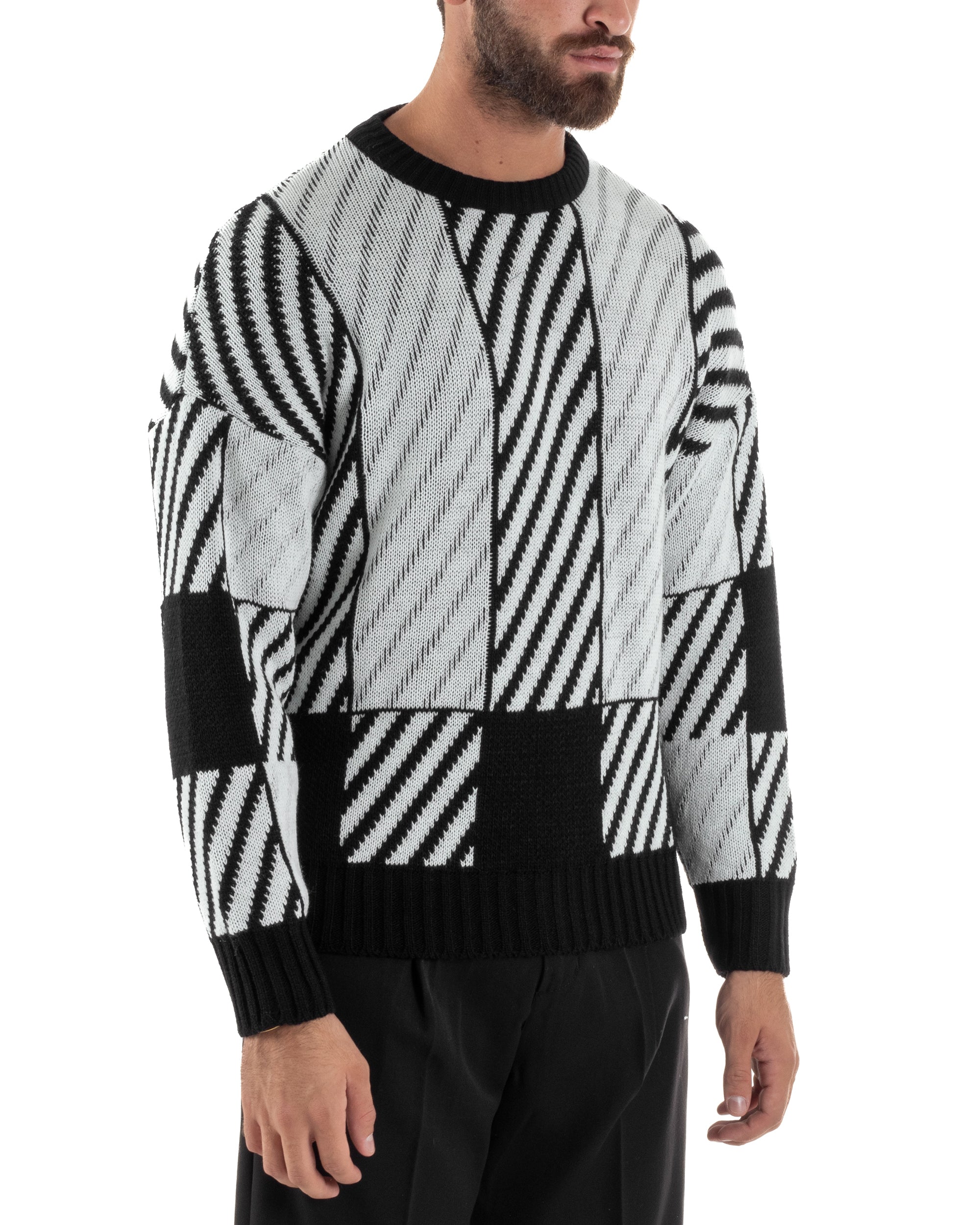 Maglia Uomo Girocollo Maglione Caldo Oversize Rigato Bicolore Nero BlackSunday M2994A