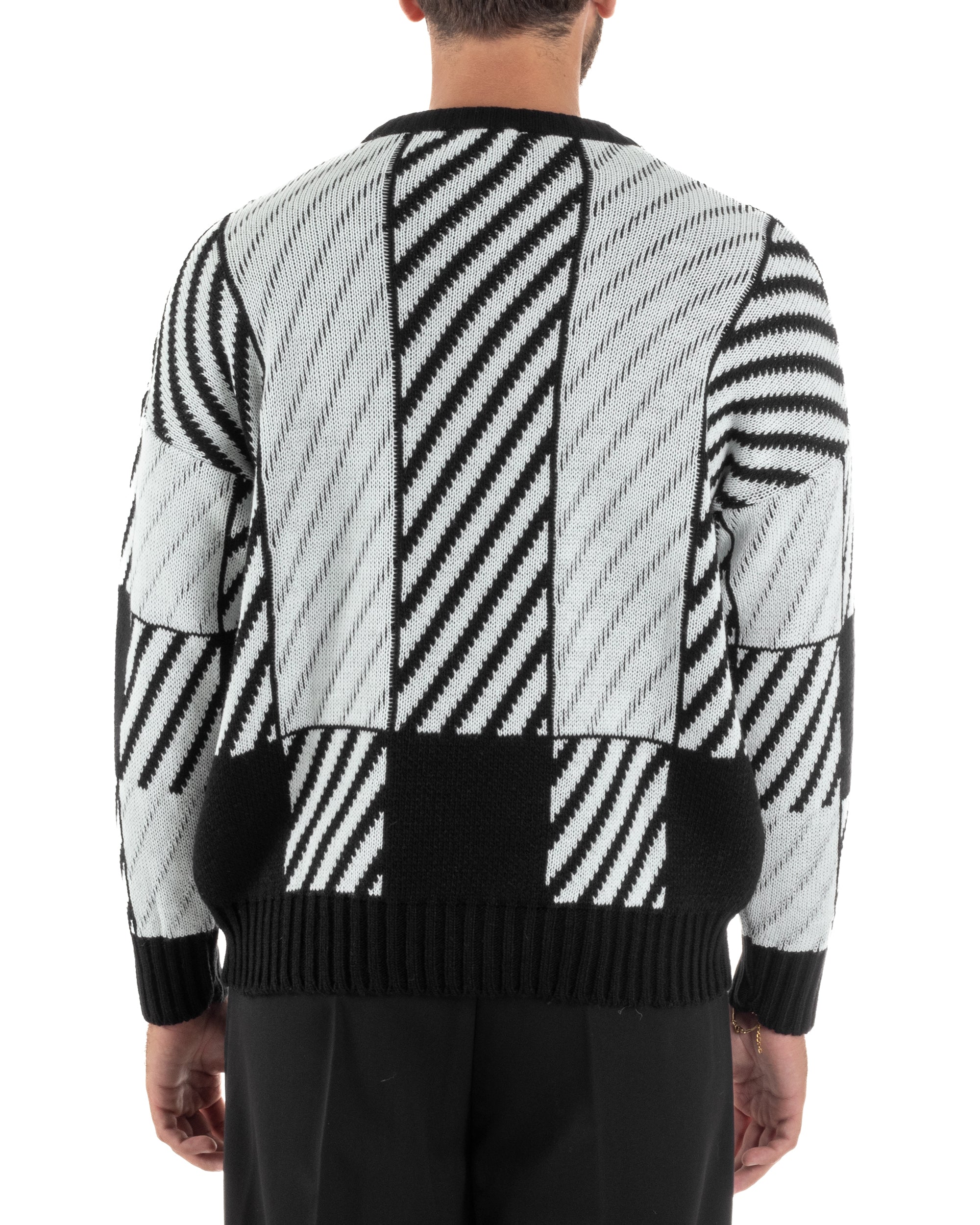 Maglia Uomo Girocollo Maglione Caldo Oversize Rigato Bicolore Nero BlackSunday M2994A