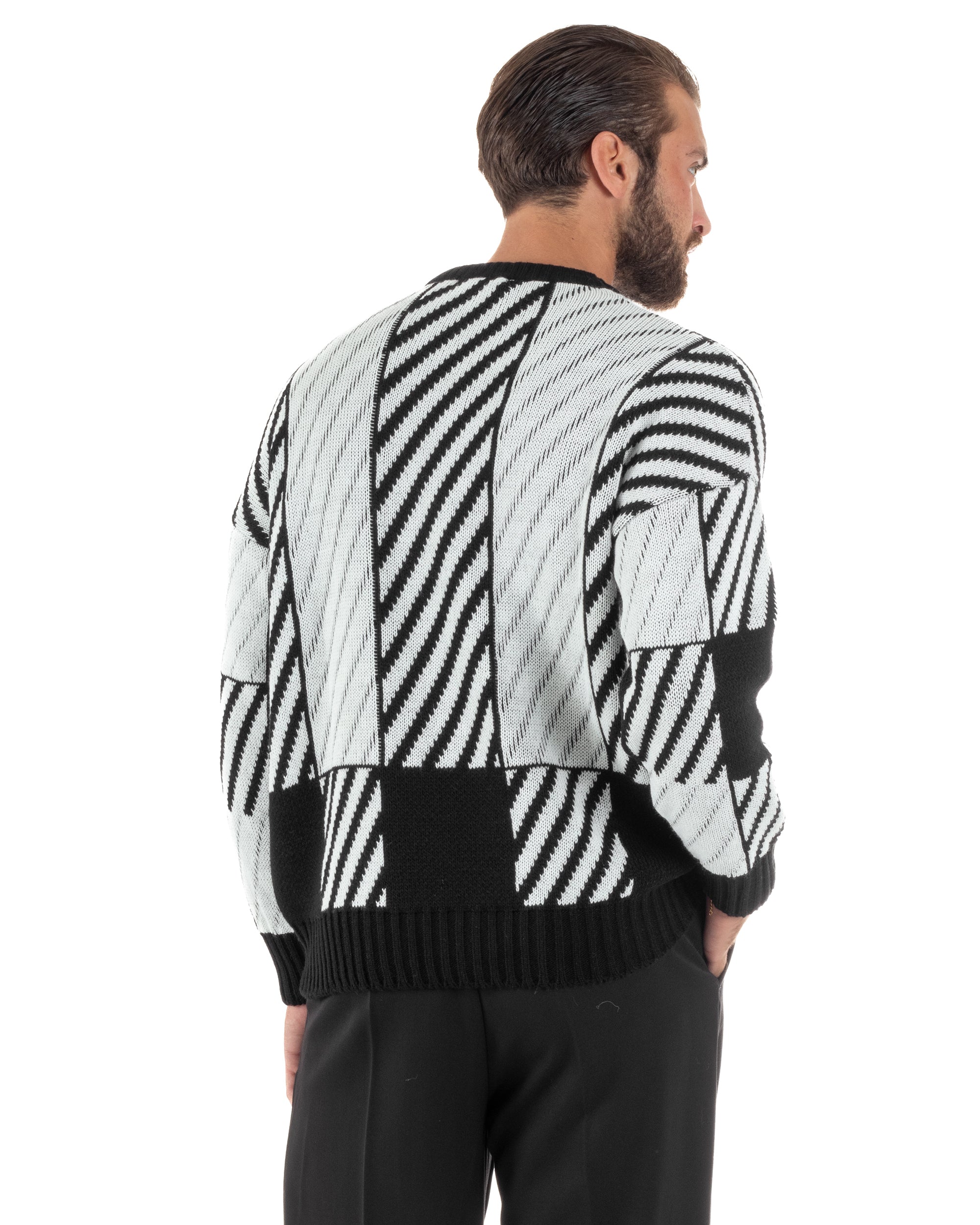 Maglia Uomo Girocollo Maglione Caldo Oversize Rigato Bicolore Nero BlackSunday M2994A