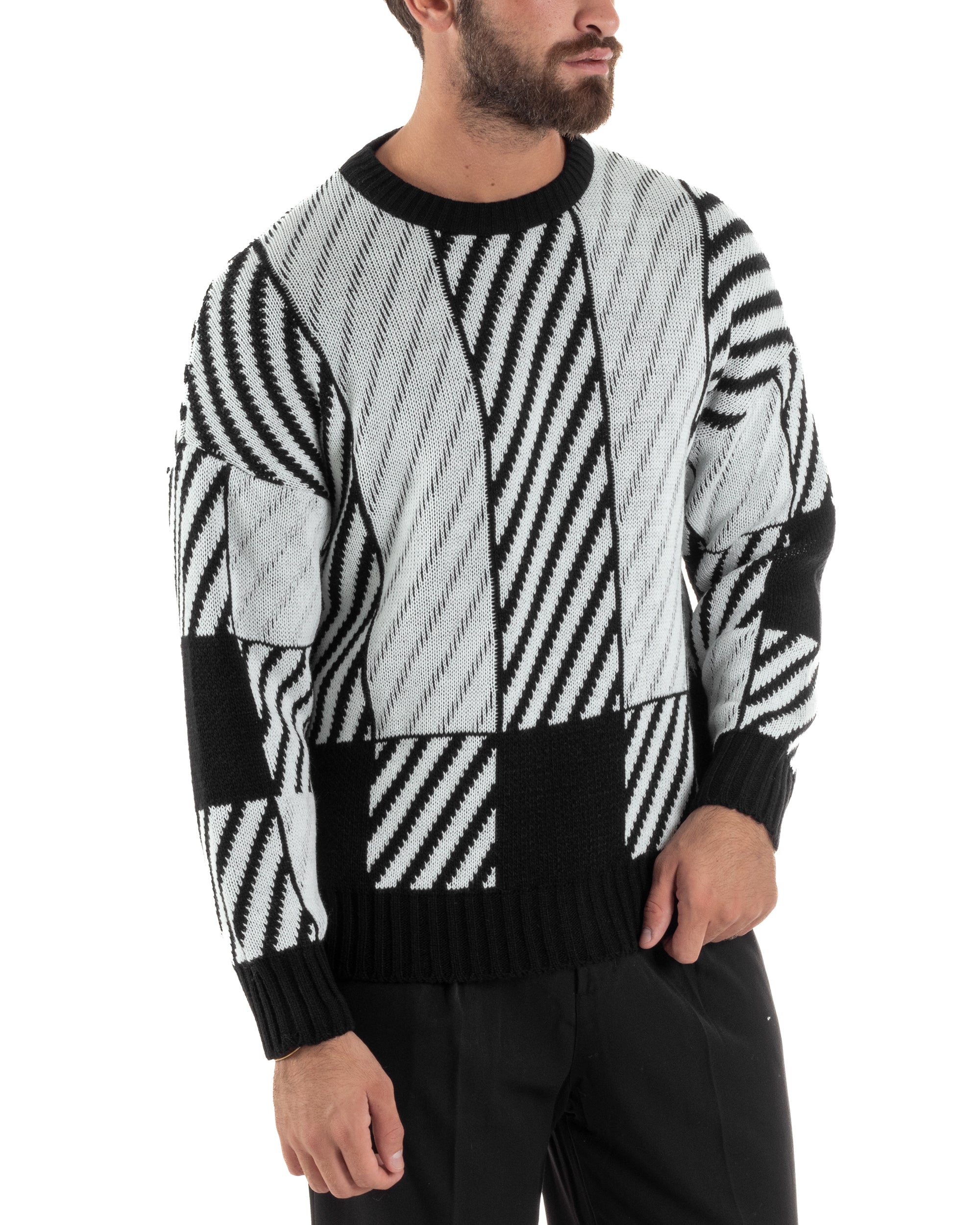 Maglia Uomo Girocollo Maglione Caldo Oversize Rigato Bicolore Nero BlackSunday M2994A