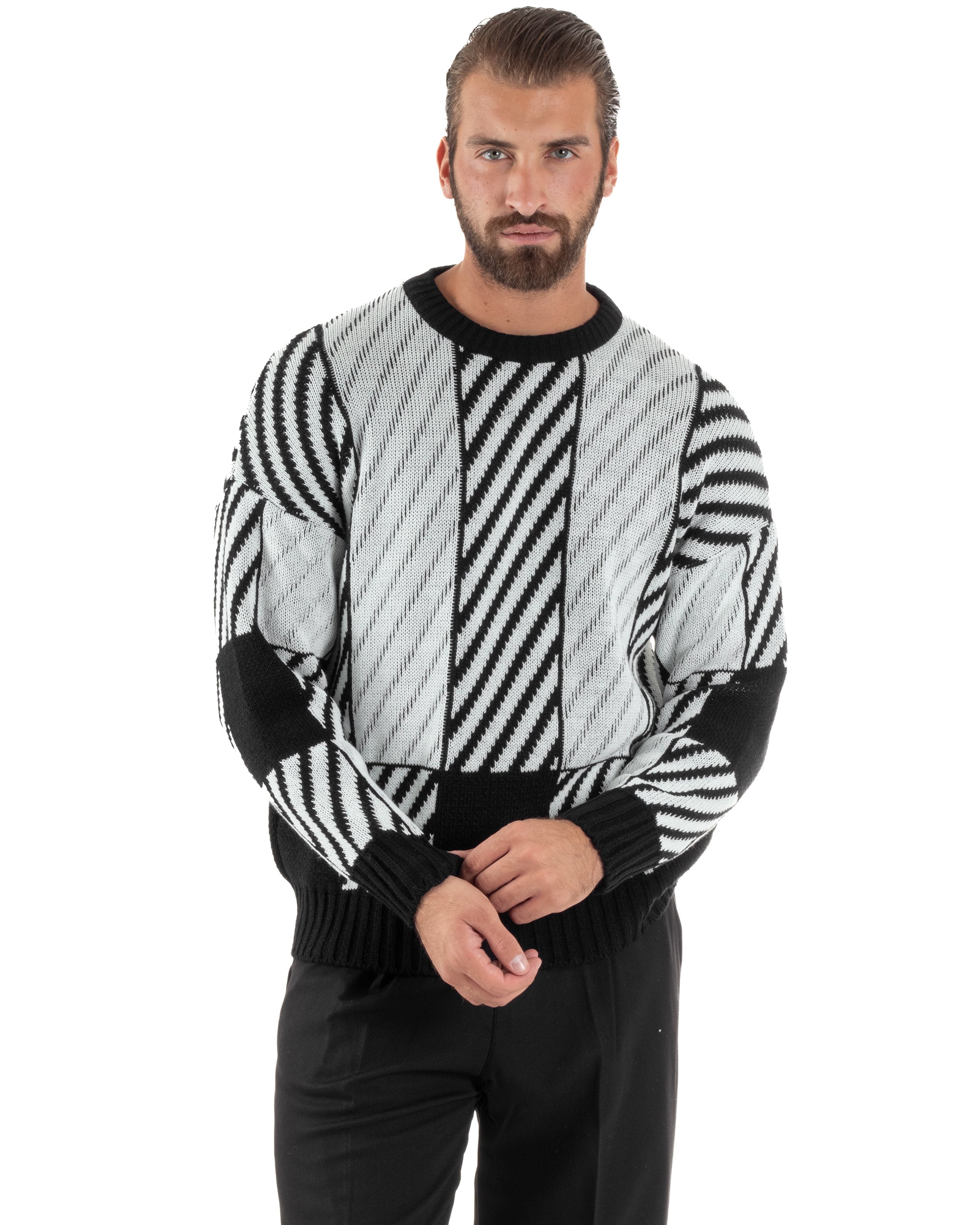 Maglia Uomo Girocollo Maglione Caldo Oversize Rigato Bicolore Nero BlackSunday M2994A