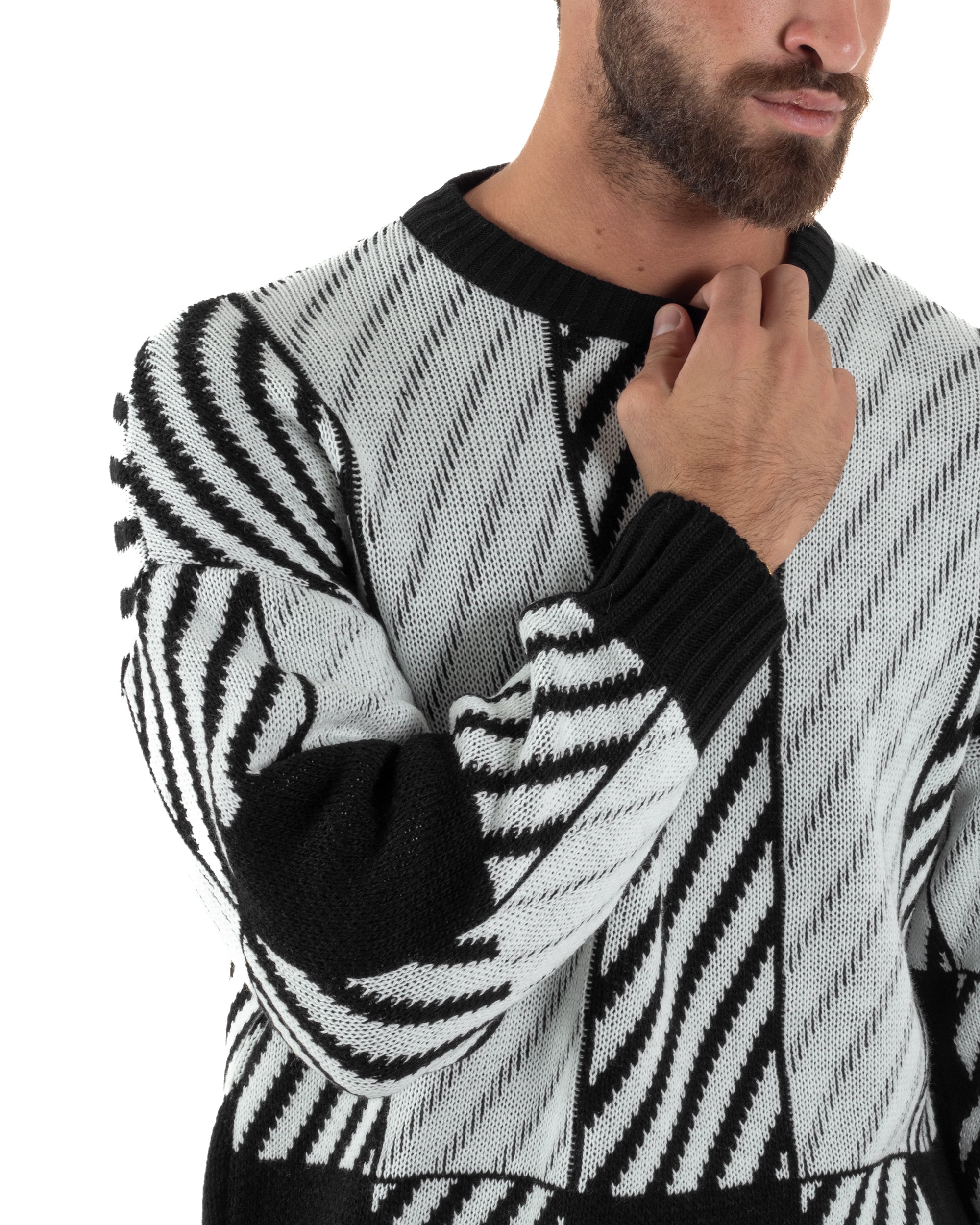 Maglia Uomo Girocollo Maglione Caldo Oversize Rigato Bicolore Nero BlackSunday M2994A