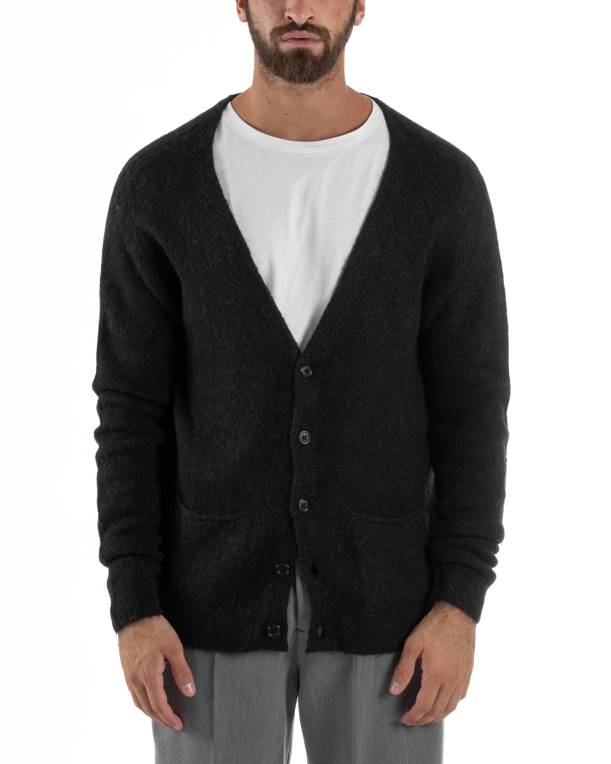 Cardigan Uomo Maglione Lana Relaxed Fit Basic Nero BERNA M252038