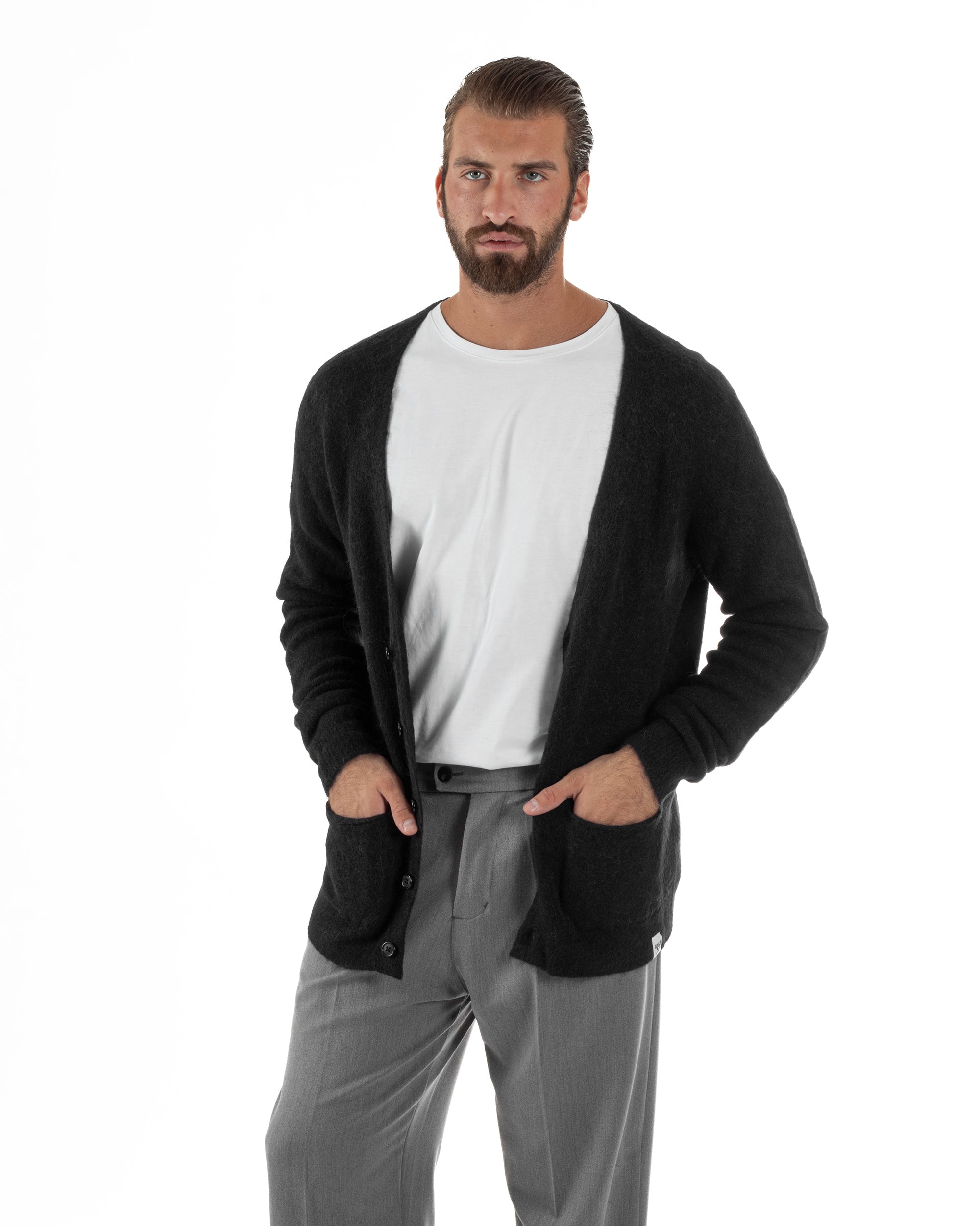 Cardigan Uomo Maglione Lana Relaxed Fit Basic Nero BERNA M252038