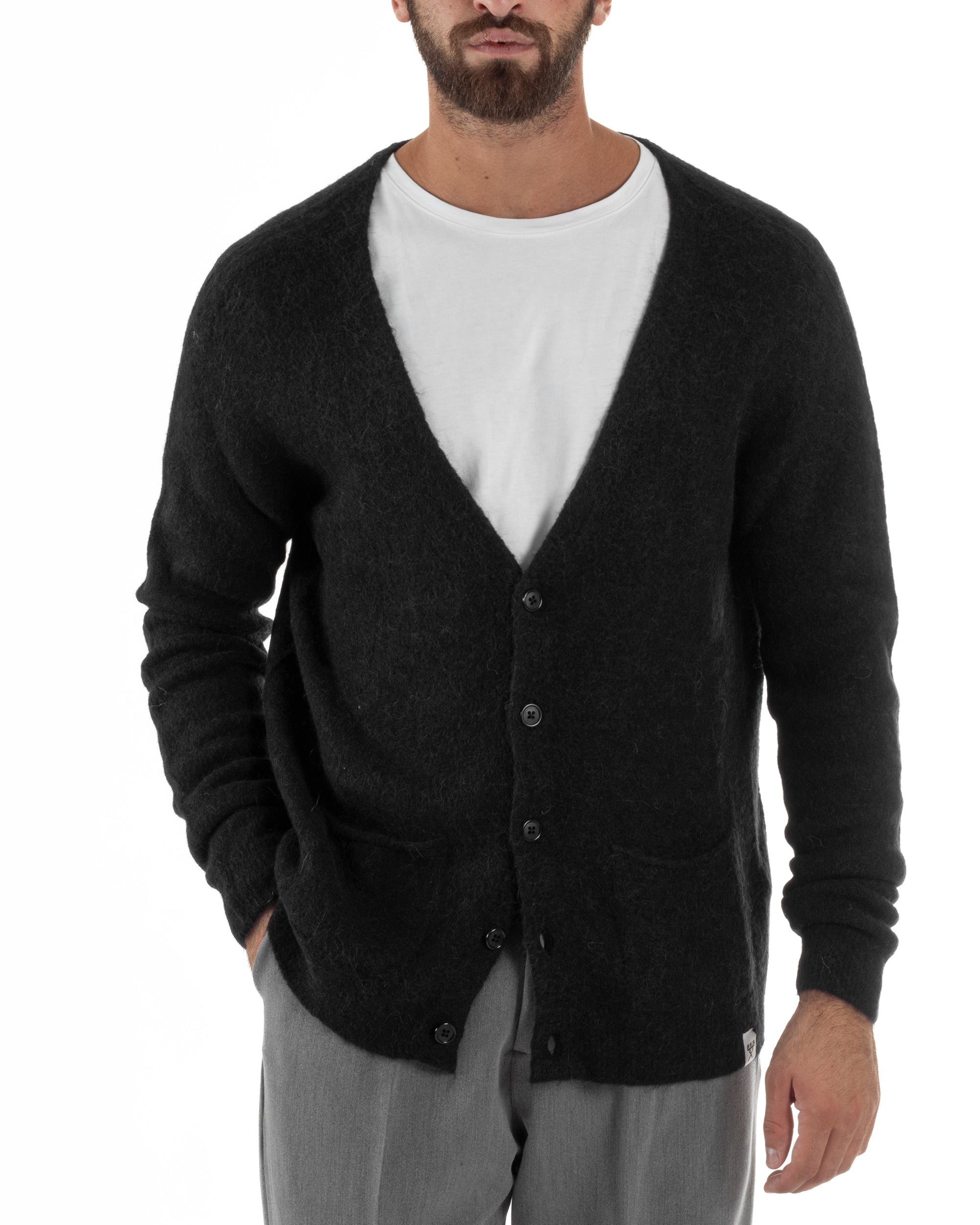 Cardigan Uomo Maglione Lana Relaxed Fit Basic Nero BERNA M252038