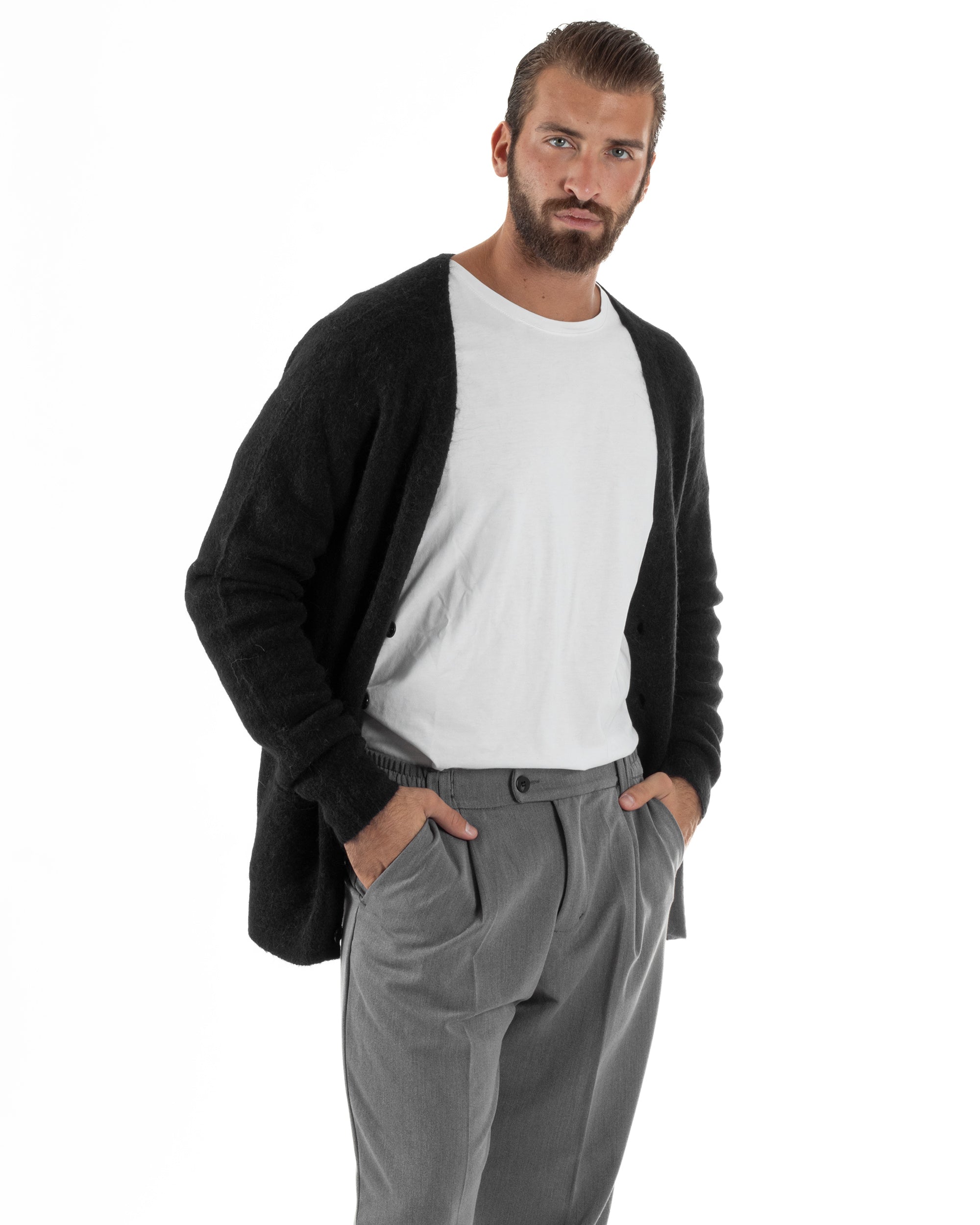 Cardigan Uomo Maglione Lana Relaxed Fit Basic Nero BERNA M252038