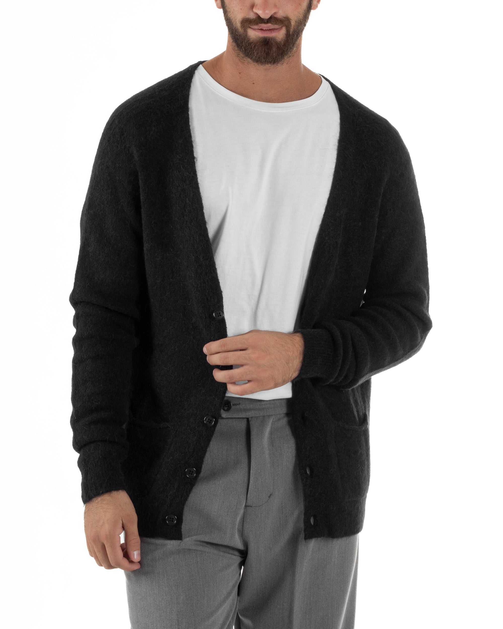 Cardigan Uomo Maglione Lana Relaxed Fit Basic Nero BERNA M252038