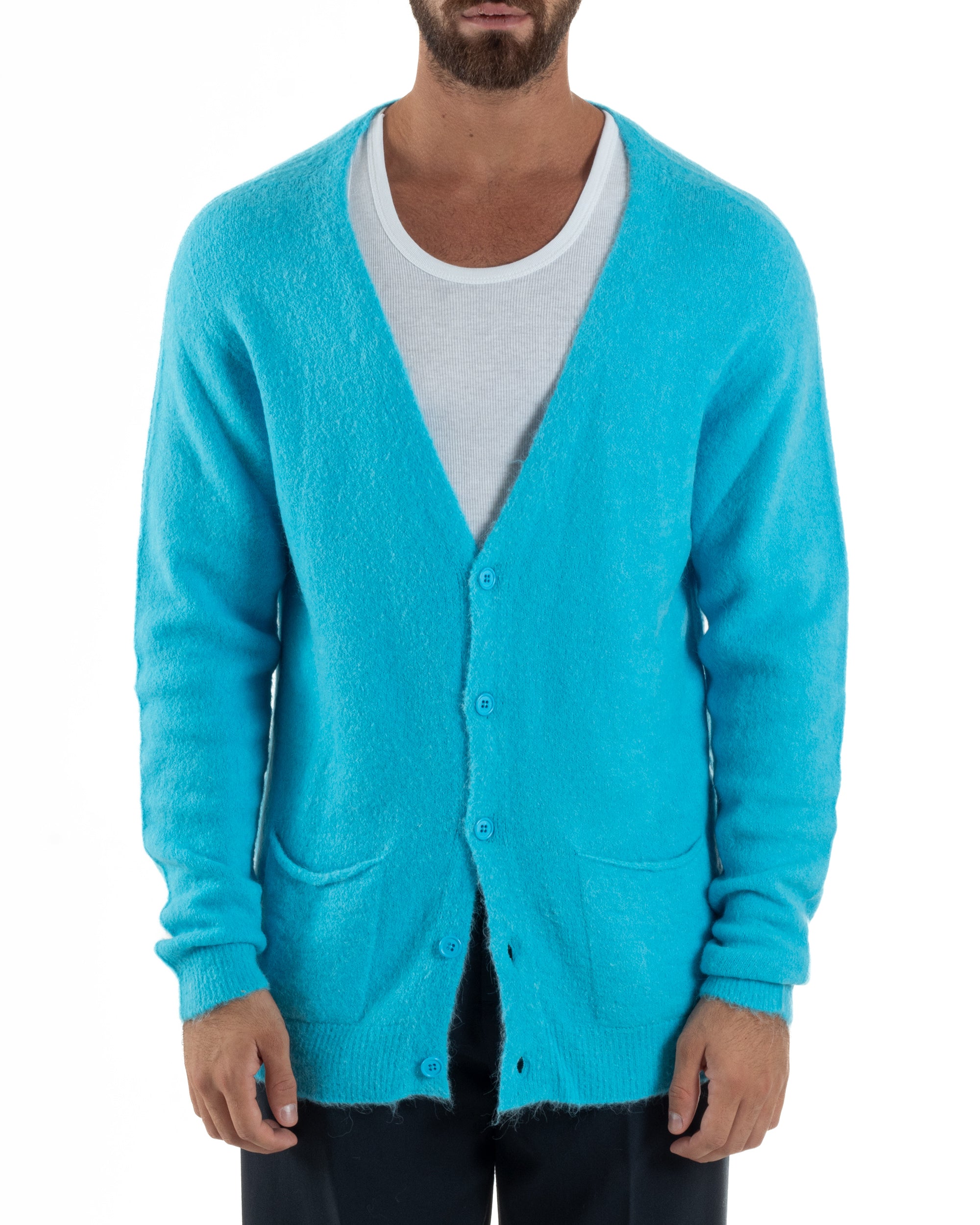 Cardigan Uomo Maglione Lana Relaxed Fit Basic Turchese BERNA M252038