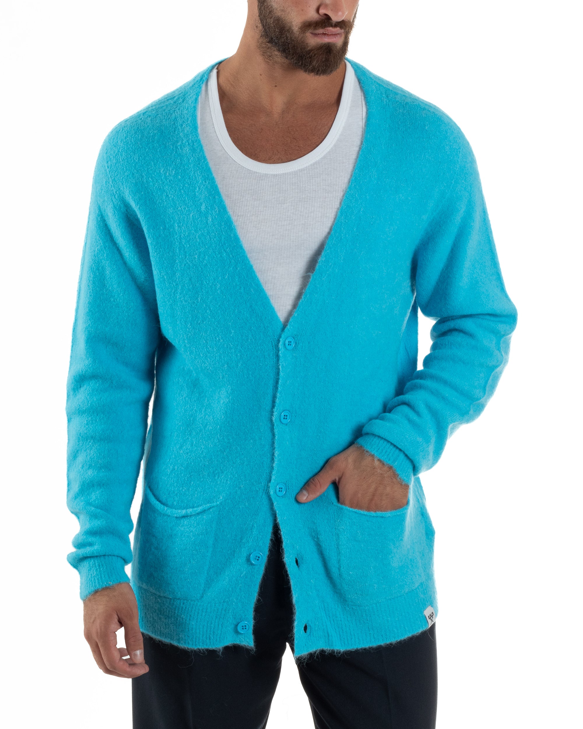 Cardigan Uomo Maglione Lana Relaxed Fit Basic Turchese BERNA M252038